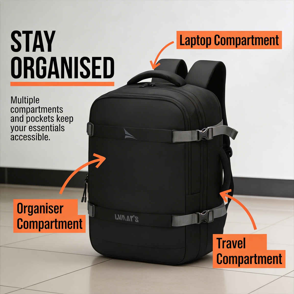 Lunar's Headpro 45L Laptop Backpack | Water Resistant | Anti-Theft | Office | Travel | School Bag