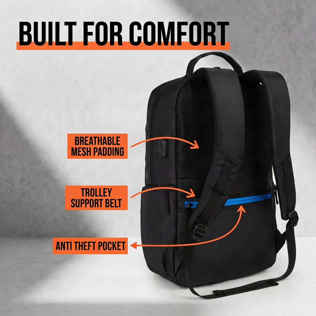 Lunar's Unisex Anti Theft Office Laptop Backpack with USB Charging Slot | Black - 15.6 inch