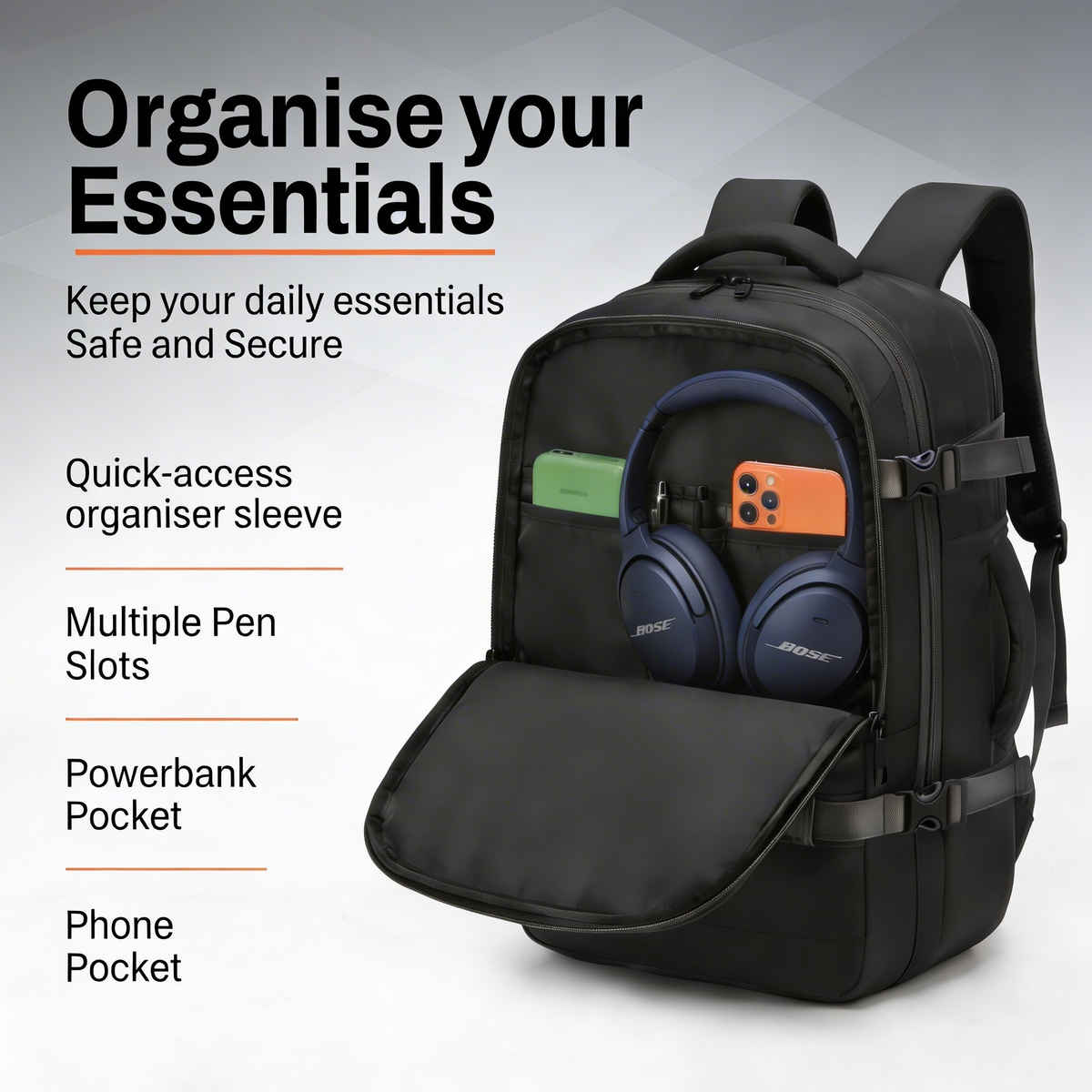 Lunar's Headpro 45L Laptop Backpack | Water Resistant | Anti-Theft | Office | Travel | School Bag