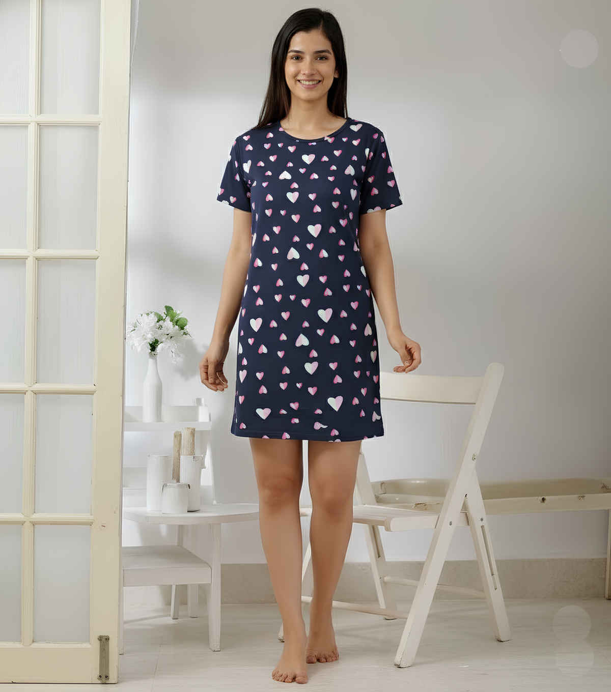 Smartees Valentines Women's Short Nighty | Navy Blue - L