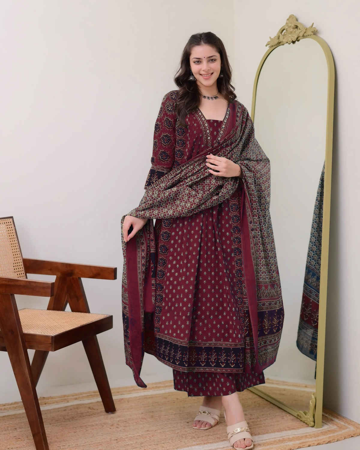 GoSriKi Women's Viscose Rayon Anarkali Printed Kurta with Pant & Dupatta | NAKULA | Wine - M