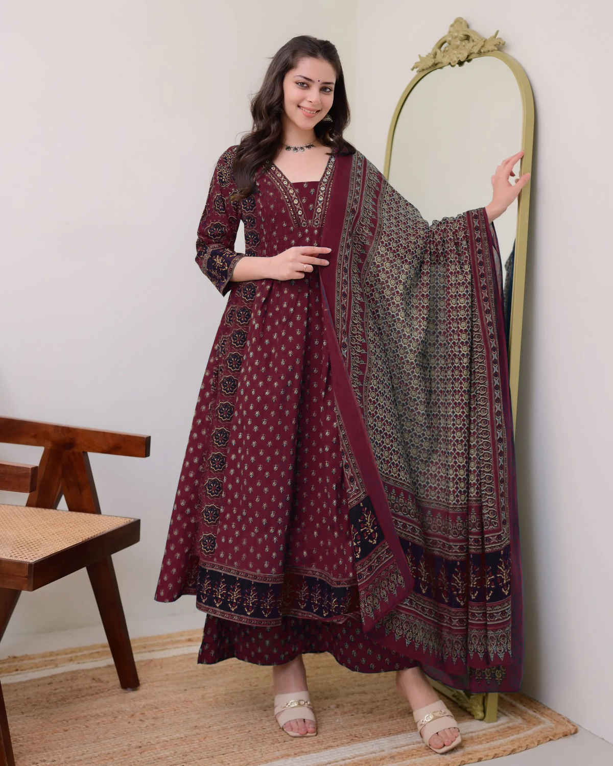 GoSriKi Women's Viscose Rayon Anarkali Printed Kurta with Pant & Dupatta | NAKULA | Wine - M