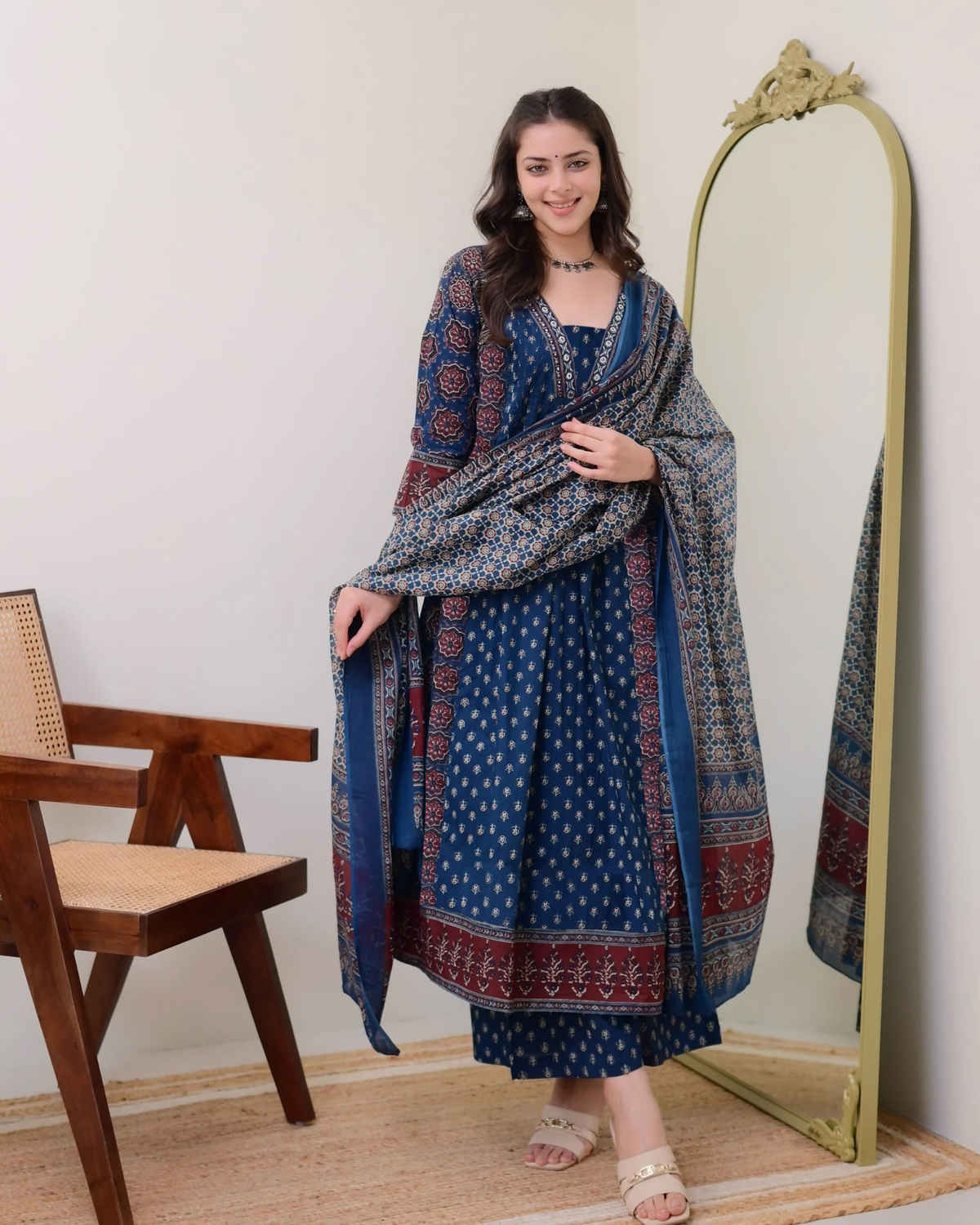 GoSriKi Women's Viscose Rayon Anarkali Printed Kurta with Pant & Dupatta | NAKULA | Blue - S