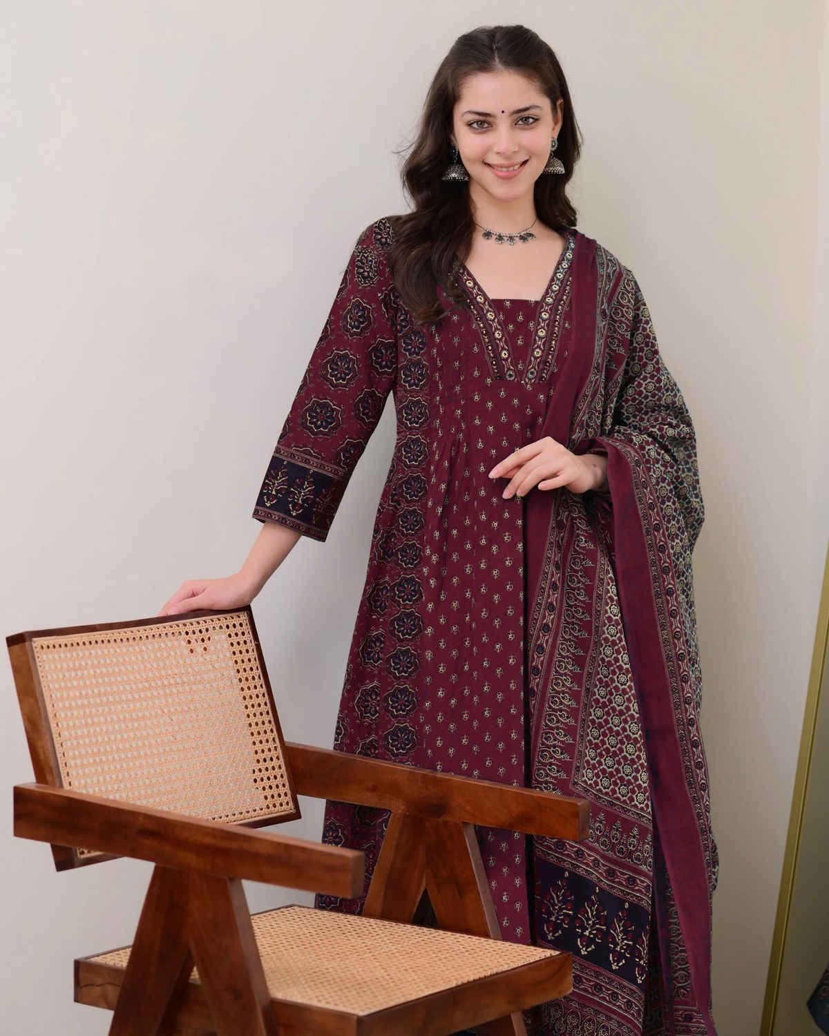 GoSriKi Women's Viscose Rayon Anarkali Printed Kurta with Pant & Dupatta | NAKULA | Wine - M