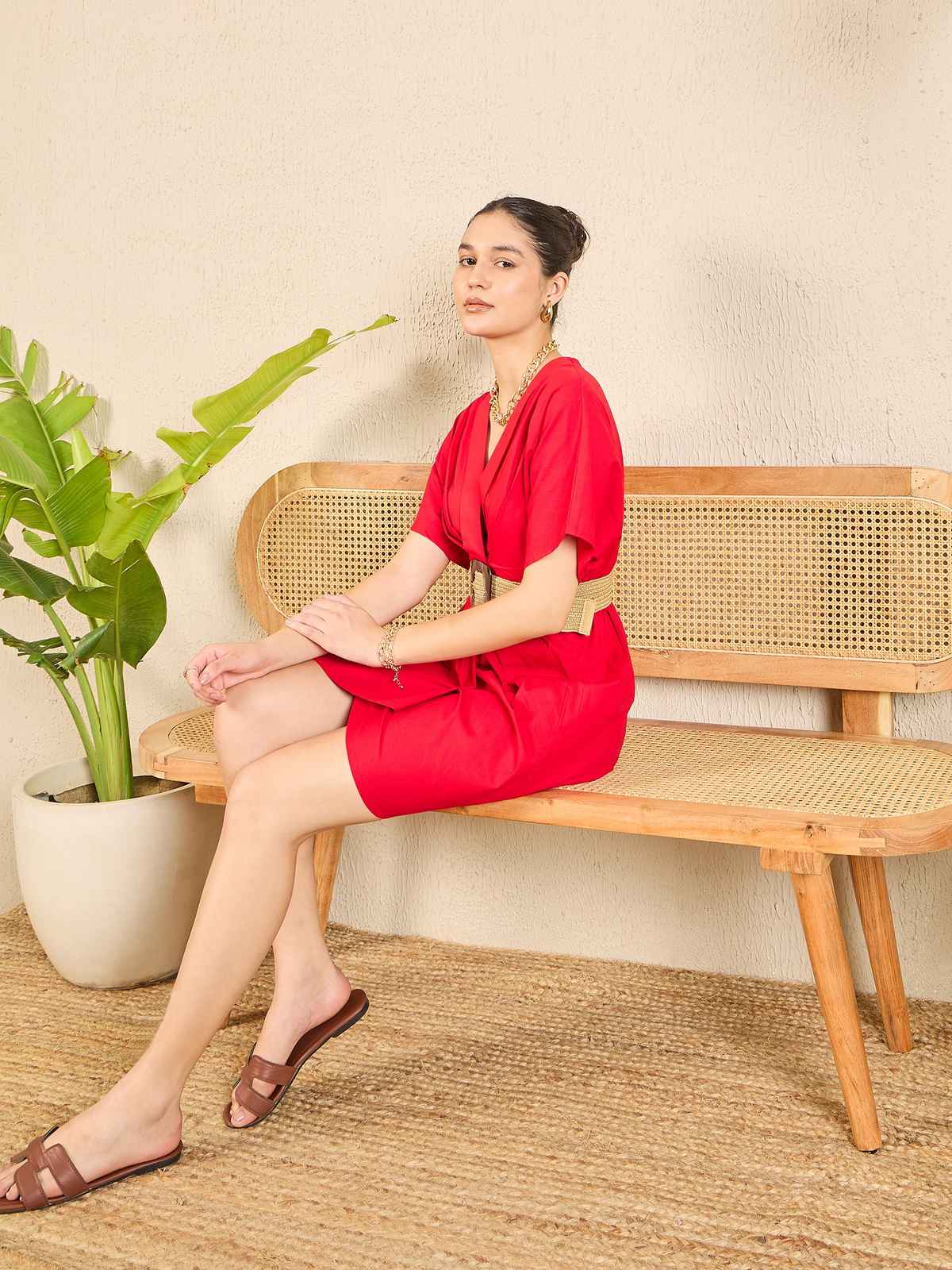 Uptownie Women's Cotton Poplin Kimono Sleeve Dress | Red - XL