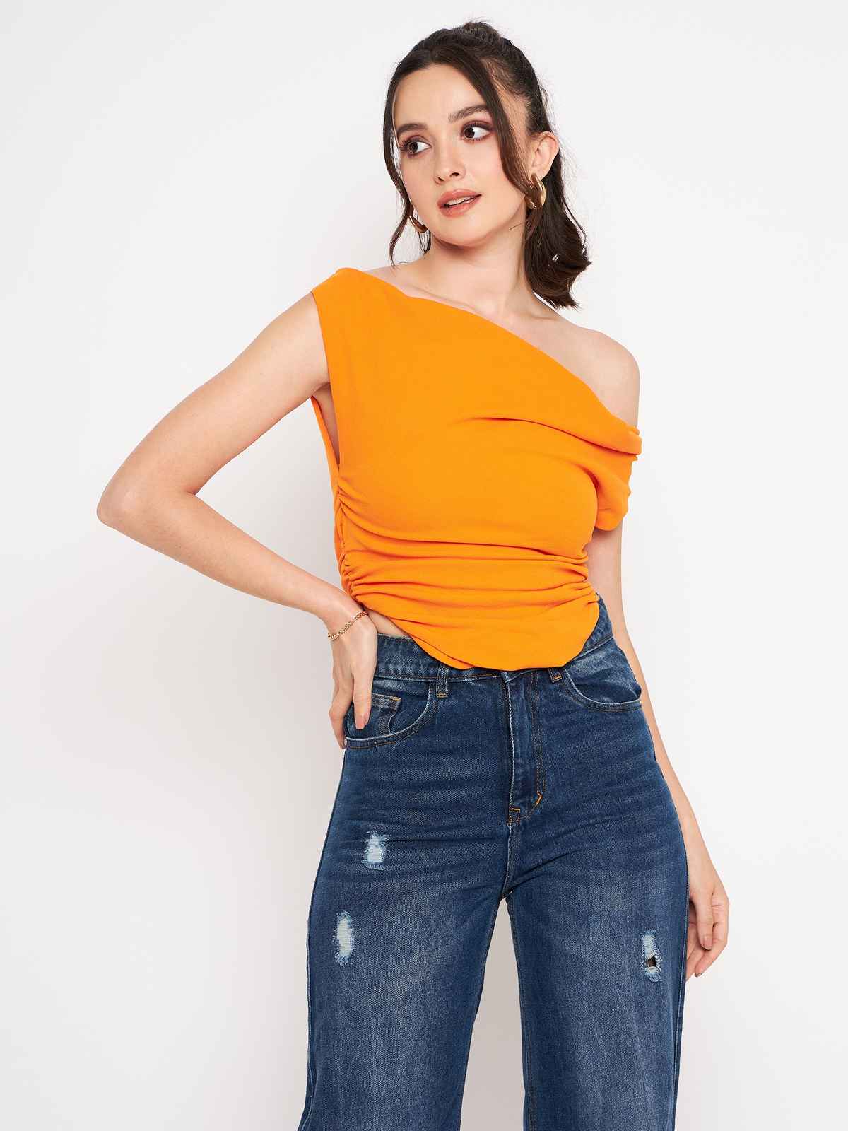 Uptownie Women's Cotton Stretchable Draped Crop Top | Orange | L