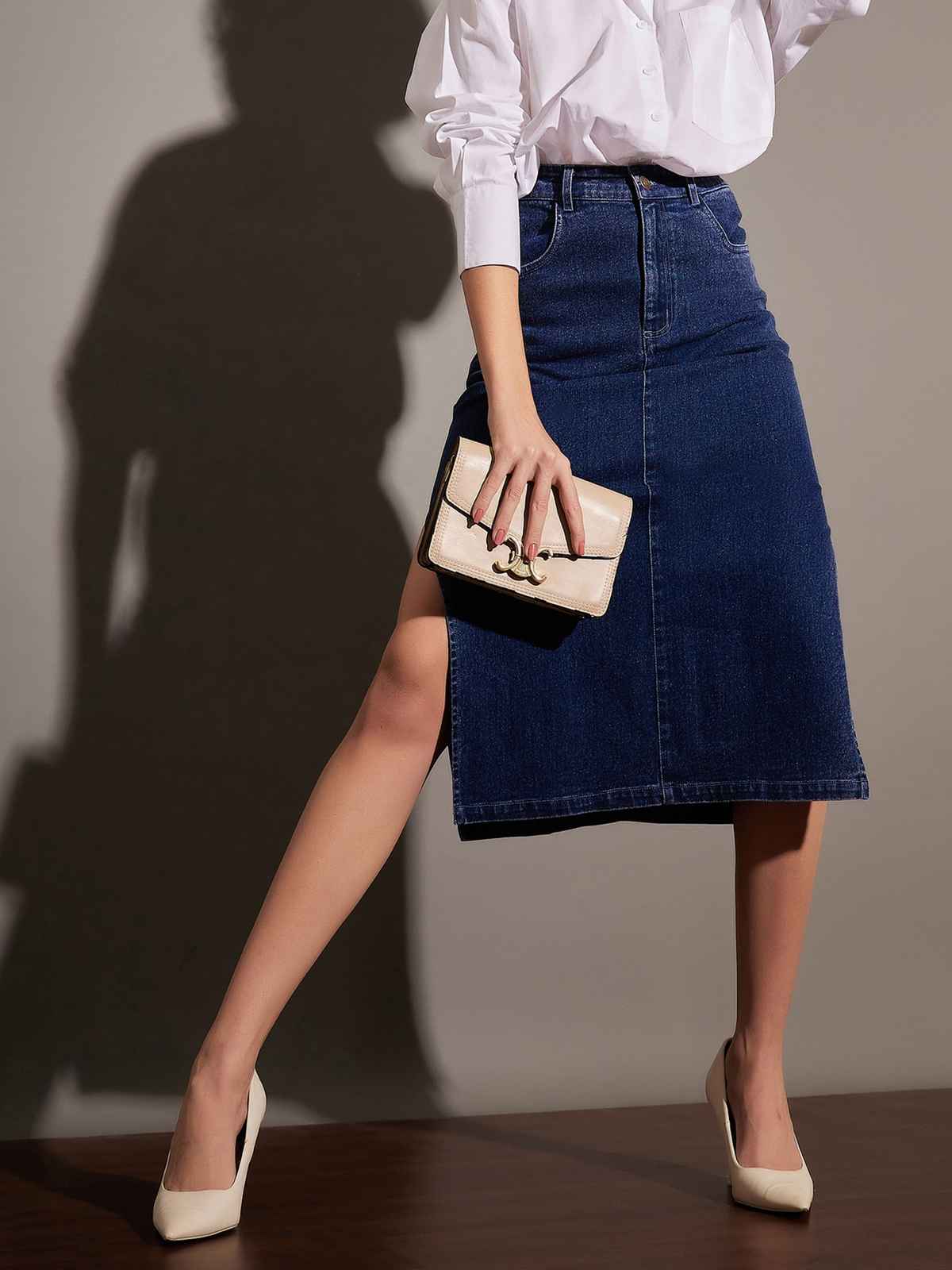 SASSAFRAS Women's Denim Side Slit Midi Skirt | Navy - S