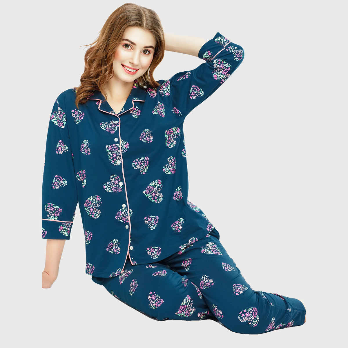 Zeyo Night Suit for Women Teal Heart Printed Cotton Night Dress | Shirt & Pajama Set 5758-TB- XL