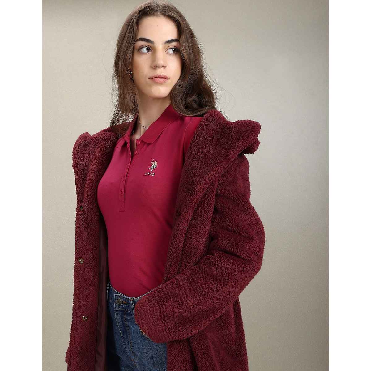 USPA Solid Slim Polo Tshirt For Women - Fuchsia - M