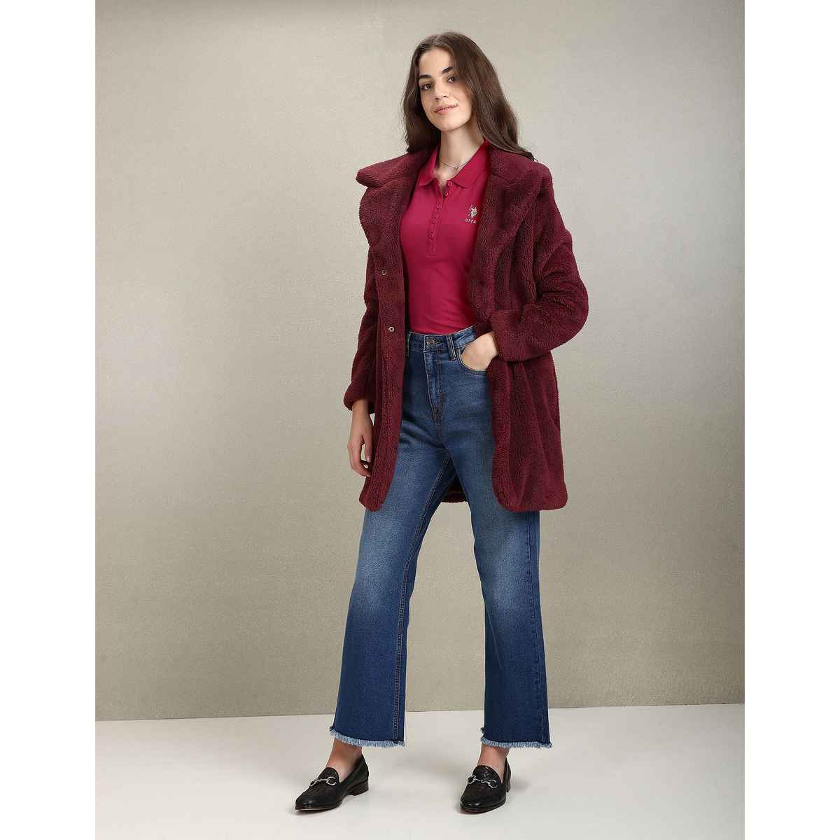 USPA Solid Slim Polo Tshirt For Women - Fuchsia - M