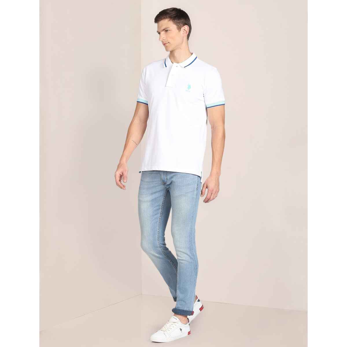 U.S. Polo Assn. Men's Striped Hem Cotton Polo Shirt | White - S