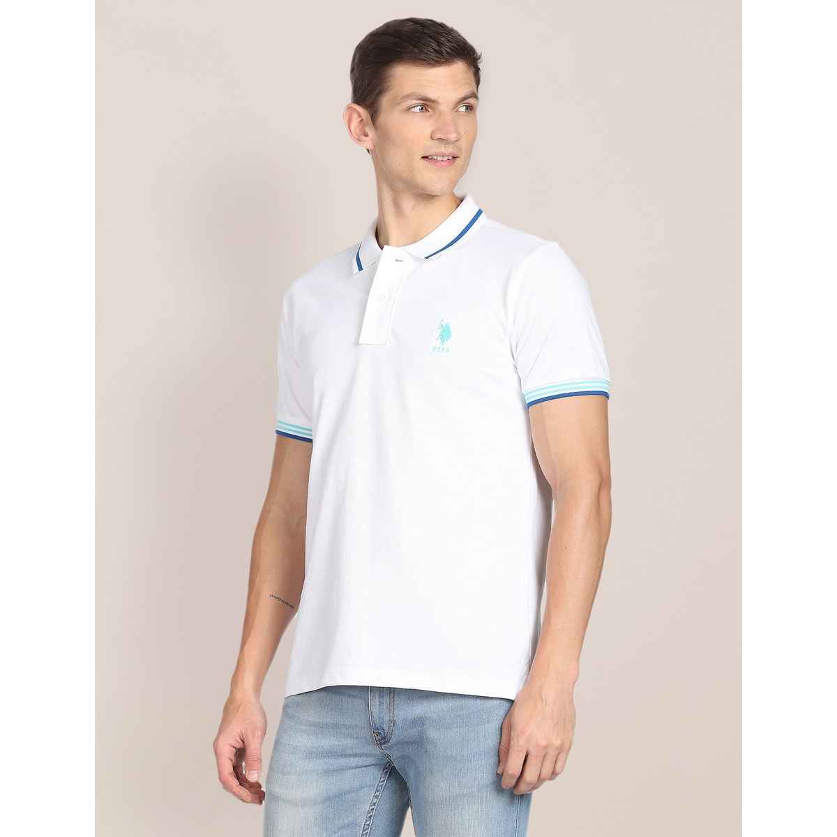 U.S. Polo Assn. Men's Striped Hem Cotton Polo Shirt | White - S