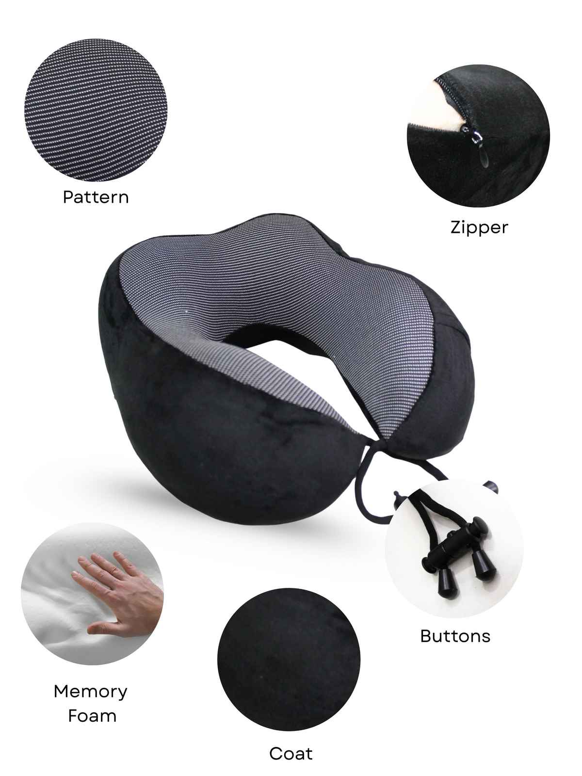 Calvadoss Memory Foam Travel Neck Pillow - Ergonomic Comfort | Black