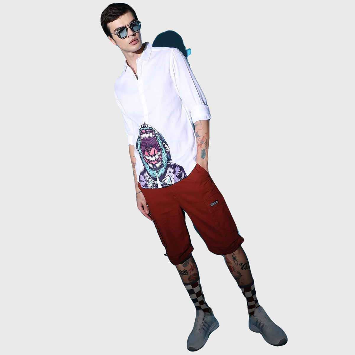 The Indian Garage Co Men's Slim Fit Graphic Printed Casual Shirts | White - L