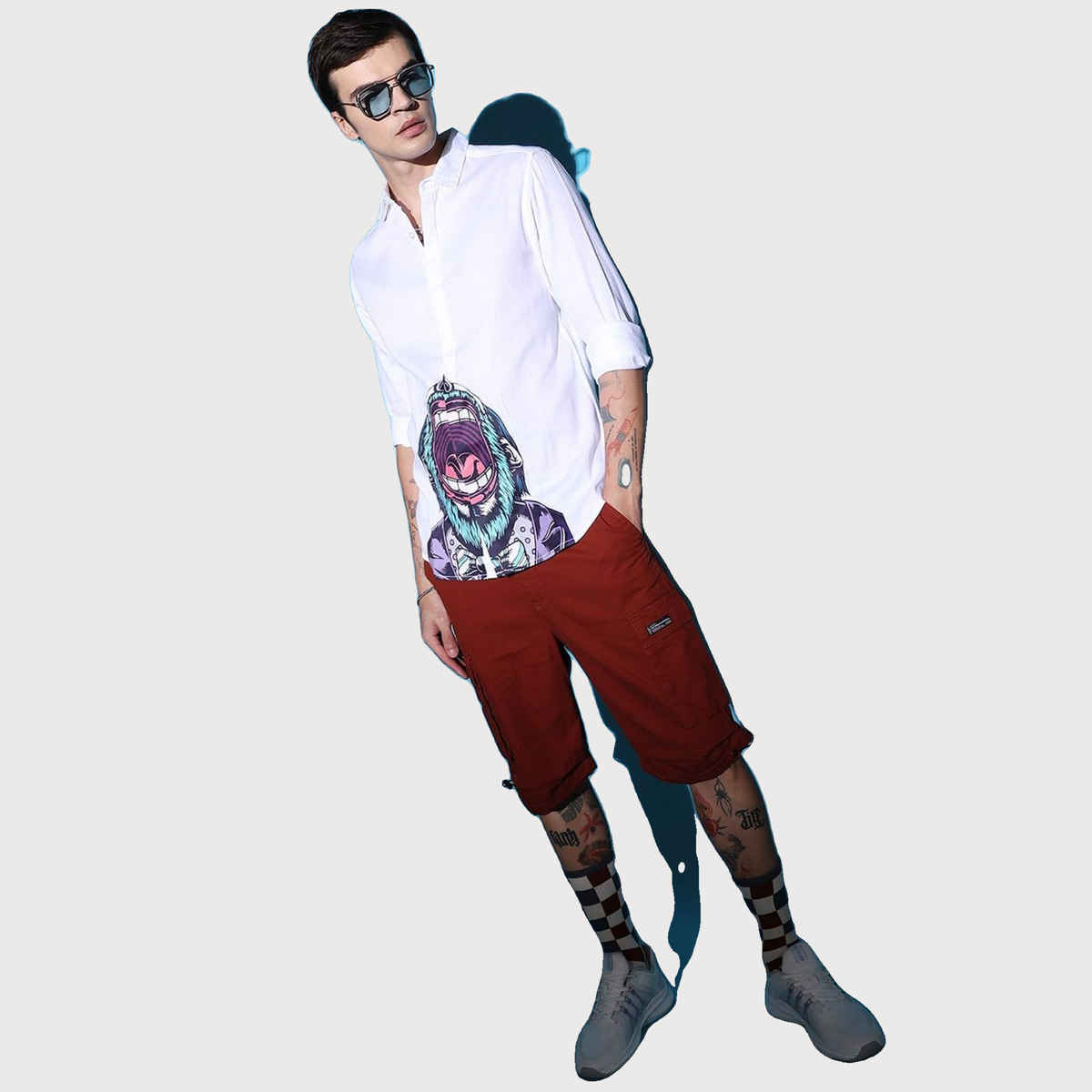 The Indian Garage Co Men's Slim Fit Graphic Printed Casual Shirts | White - S