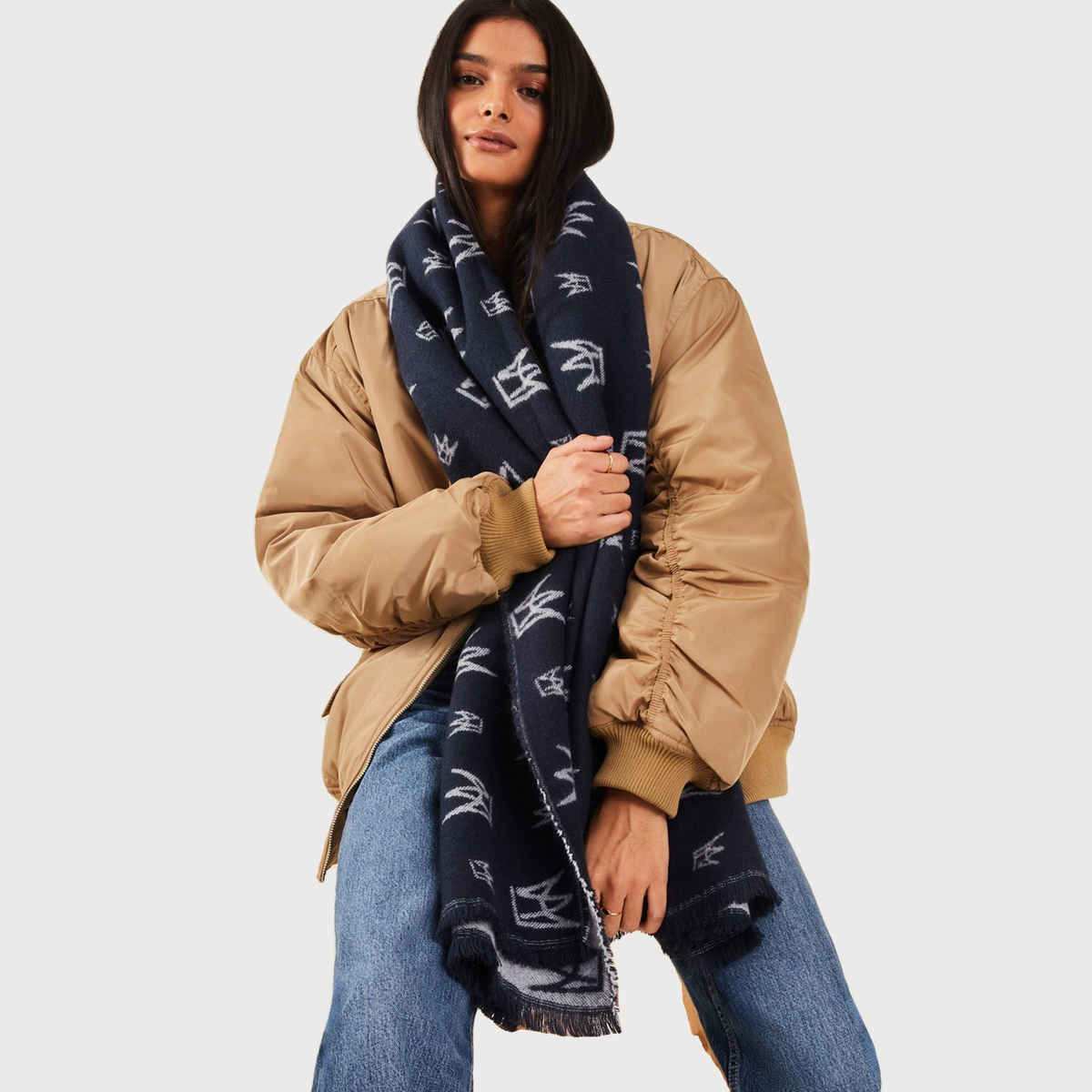 Accessorize London Women's Crown Emblem Jacquard Blanket Scarf - Blue