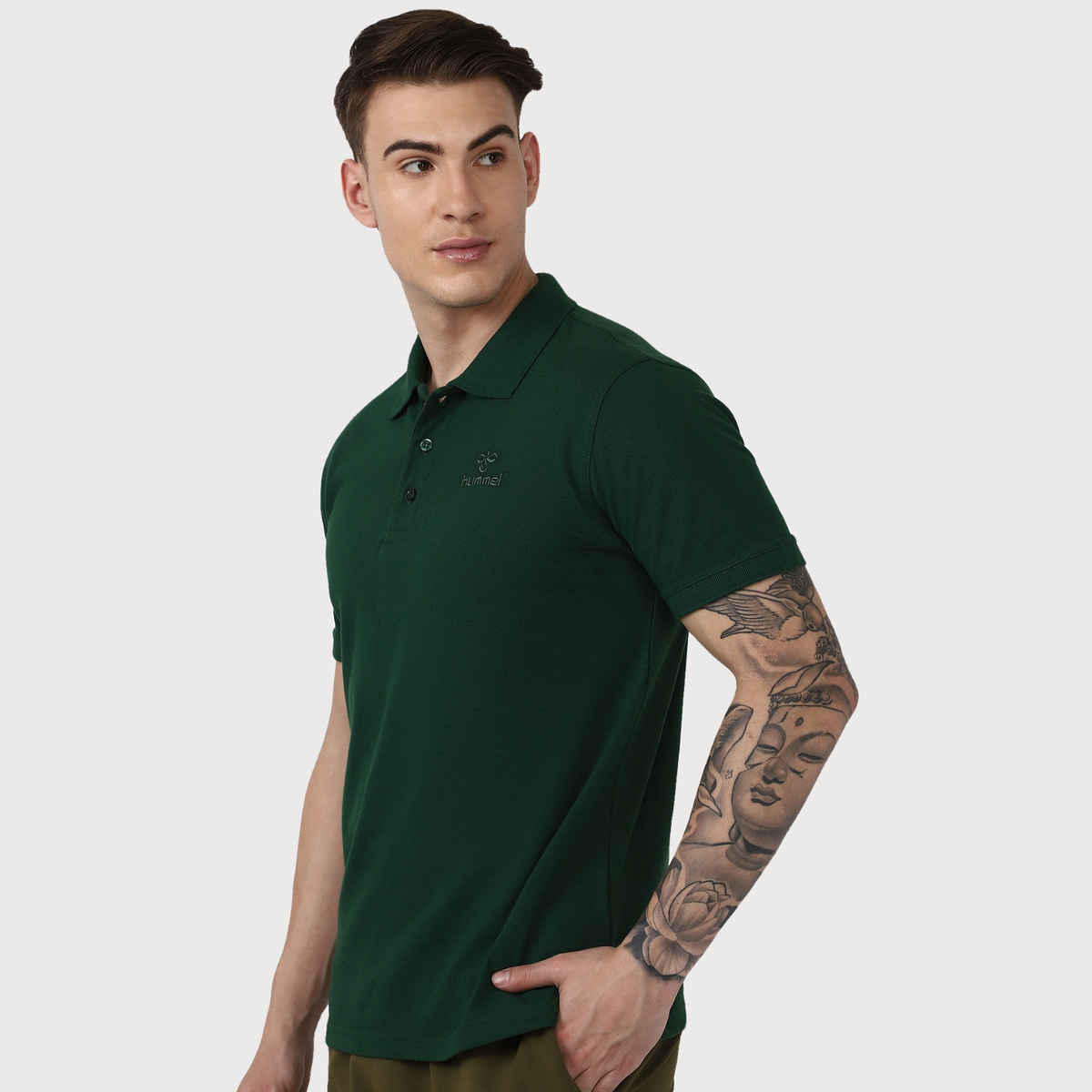 hummel Men's Dany Polo Neck Solid Regular Fit Cotton Poly T-shirt | Evergreen - XL