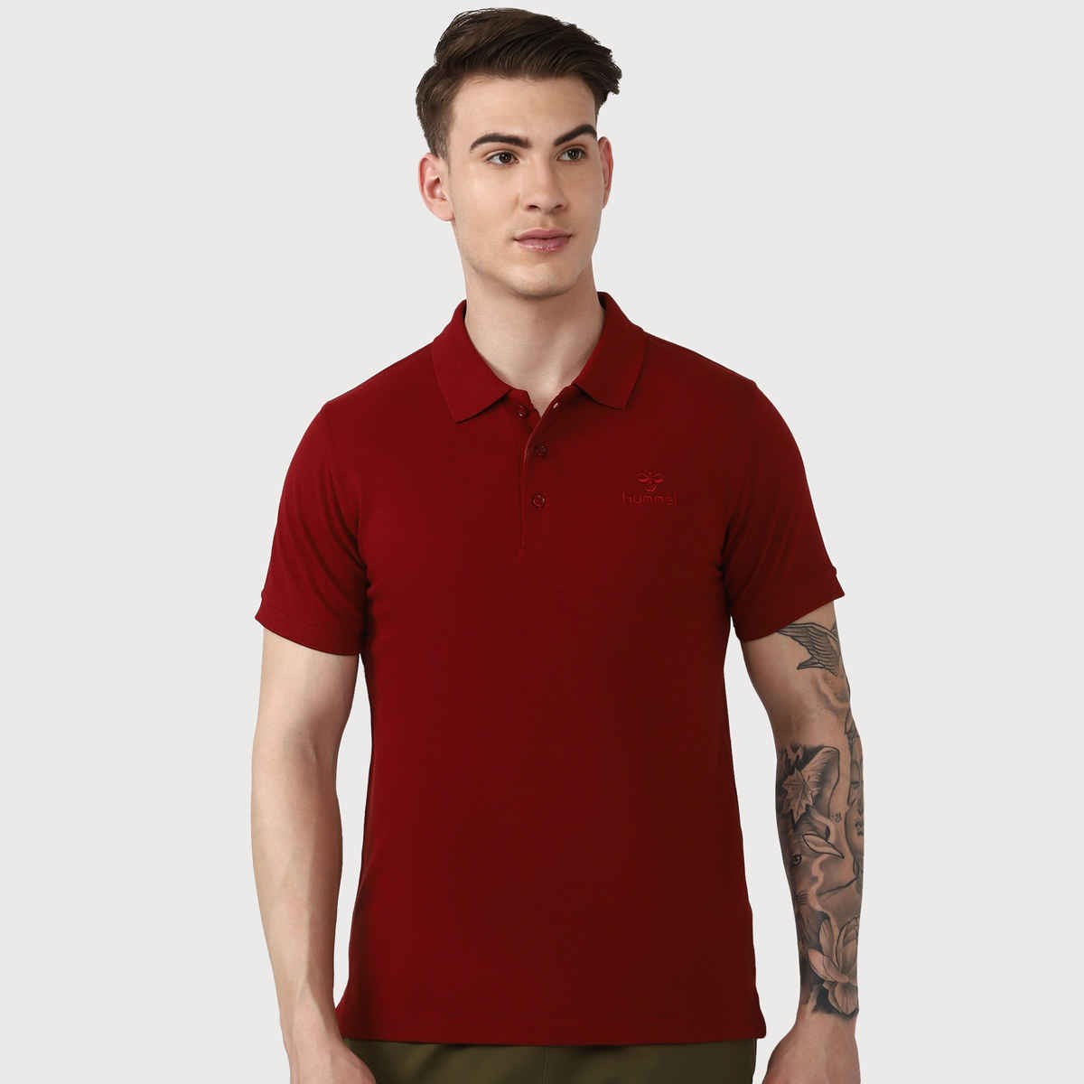 hummel Men's Dany Polo Neck Solid Regular Fit Cotton Poly T-shirt | Maroon - XL