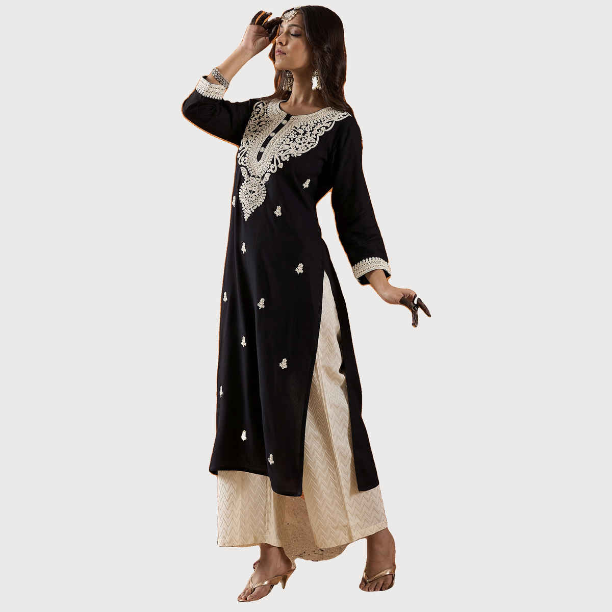 Indo Era Women's Viscose Rayon Floral Embroidered Straight Kurta | KT5BK10014 | Black - S