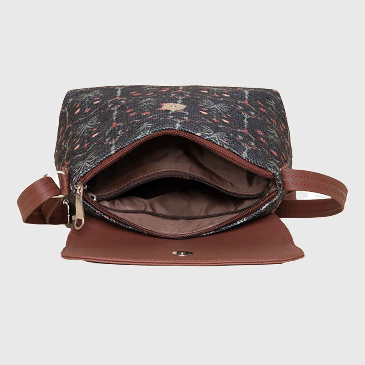 Zouk Women's Motifs Vegan Leather and Handcrafted Fabric 5.6 L Sling Bag | Multicolour - Free Size