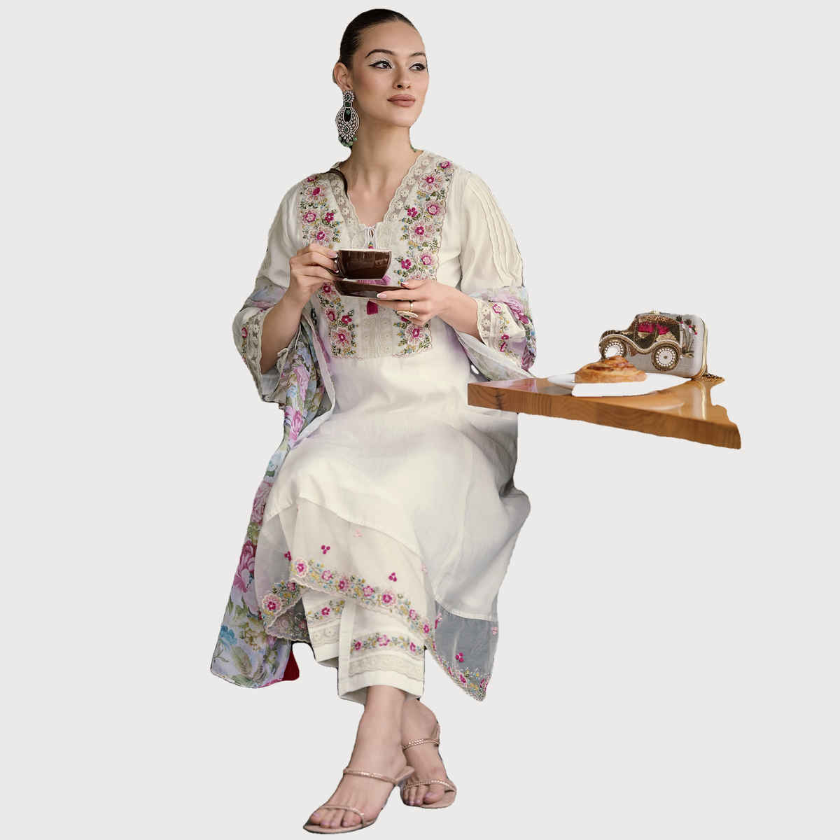Indo Era Women's Silk Blend Floral Straight Kurta Set with Dupatta | KH9WH7379 | White - XL
