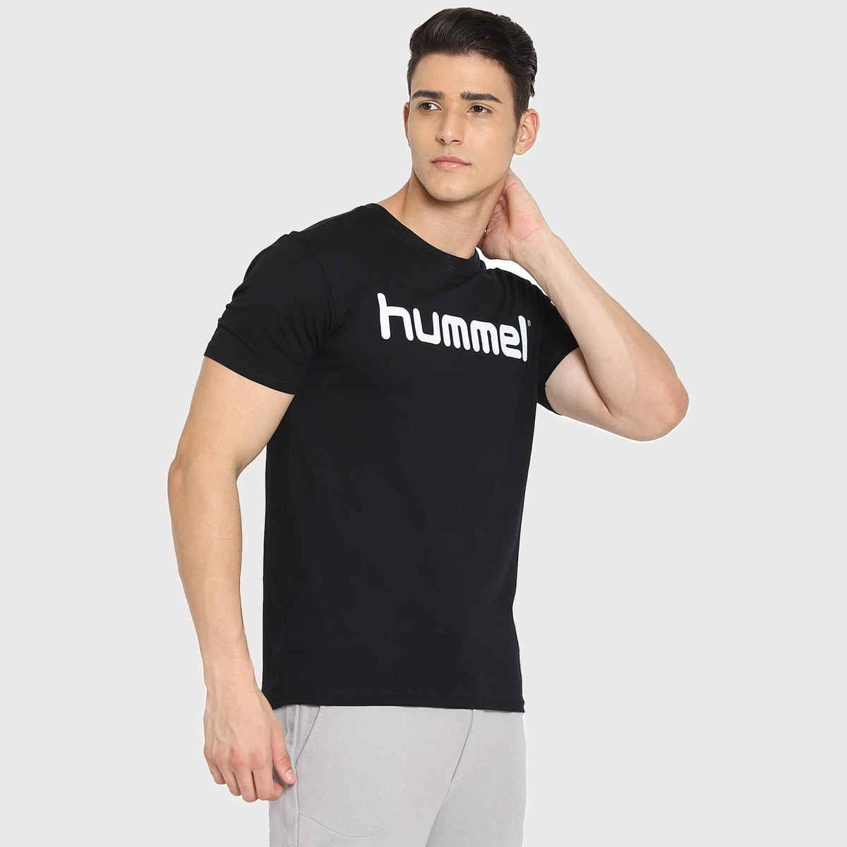 hummel Men's Go Logo Round Neck Solid Regular Fit Cotton Poly T-shirt | Black - XL
