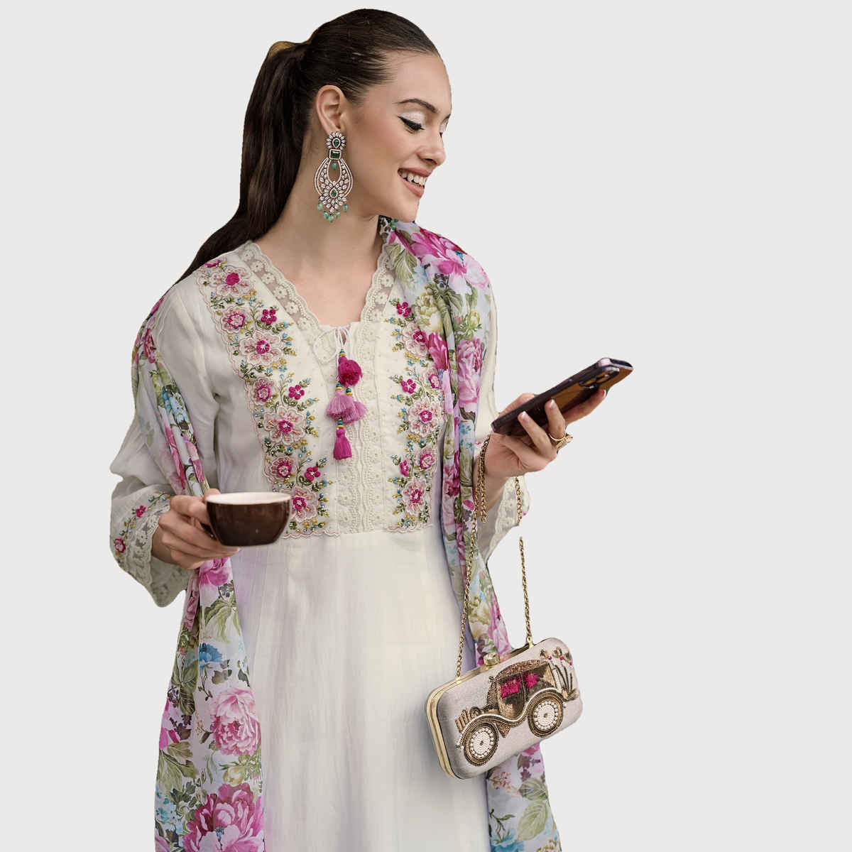 Indo Era Women's Silk Blend Floral Straight Kurta Set with Dupatta | KH9WH7379 | White - XL