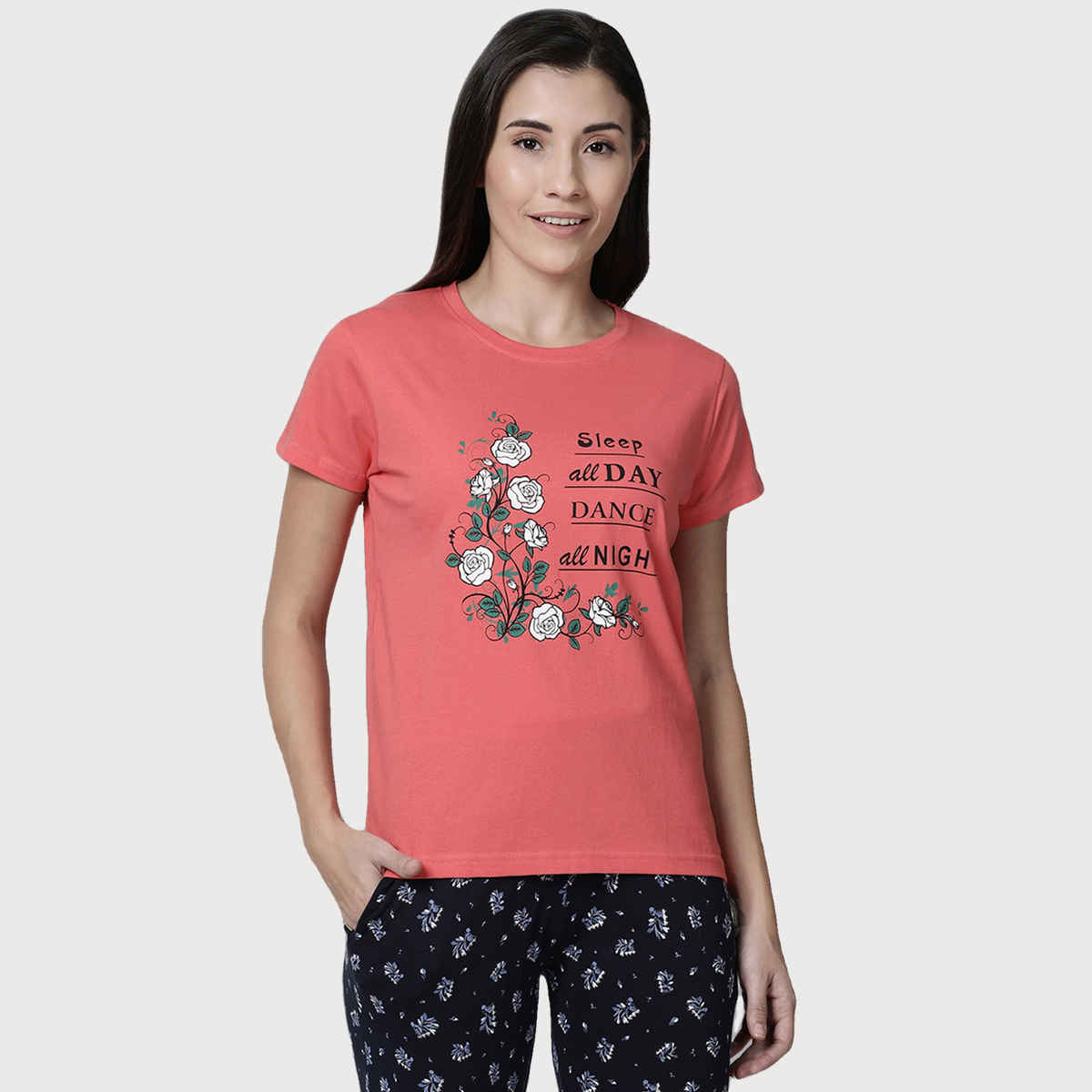 Kryptic Women's Printed Pure Cotton Lounge T-shirt | Fuschia Pink - S