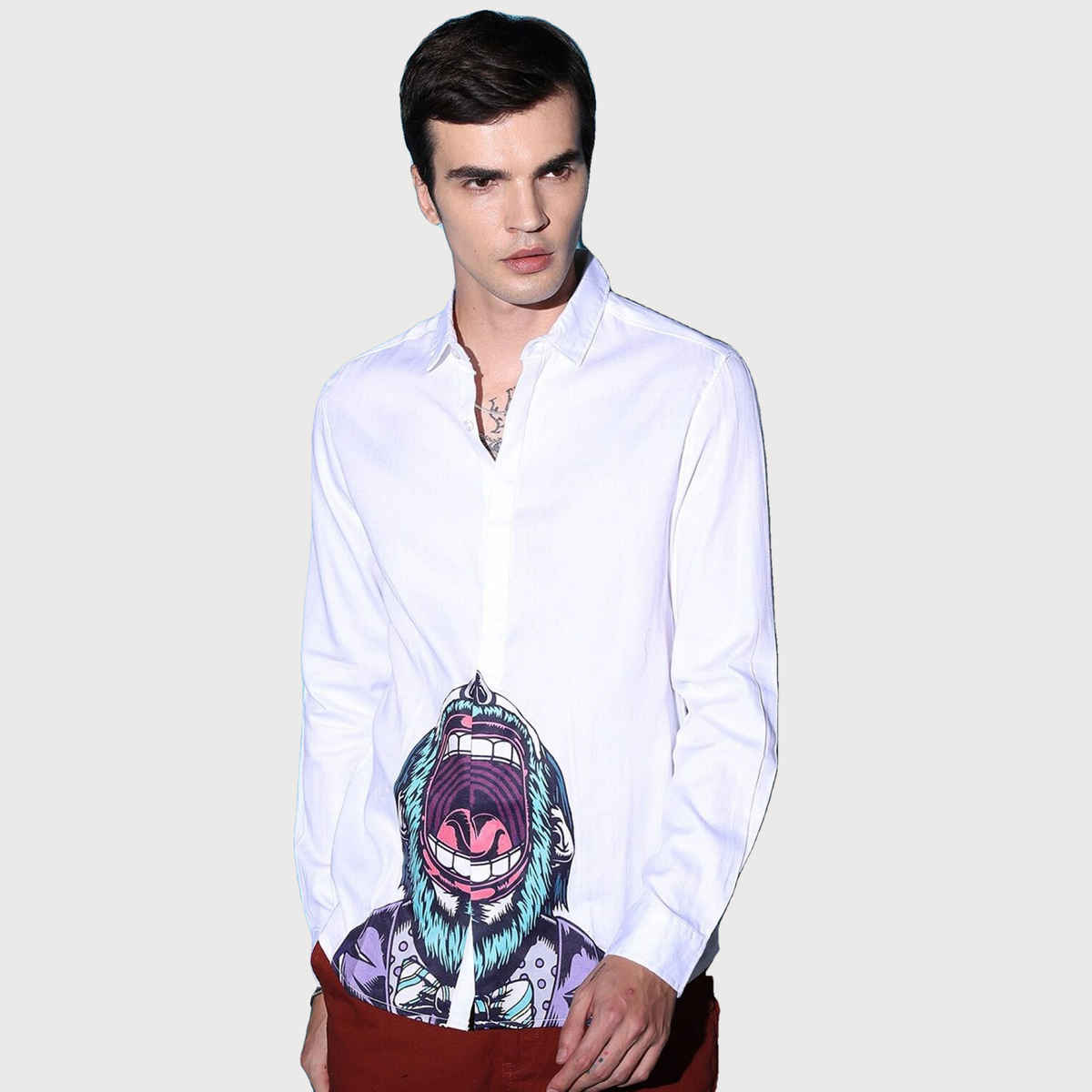 The Indian Garage Co Men's Slim Fit Graphic Printed Casual Shirts | White - S
