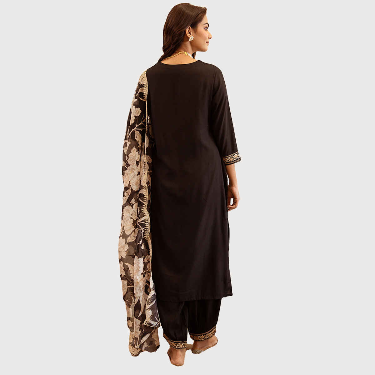 Indo Era Women's Viscose Rayon Embroidery Straight Kurta with Dupatta Set | KH5BK6147 | Black - S