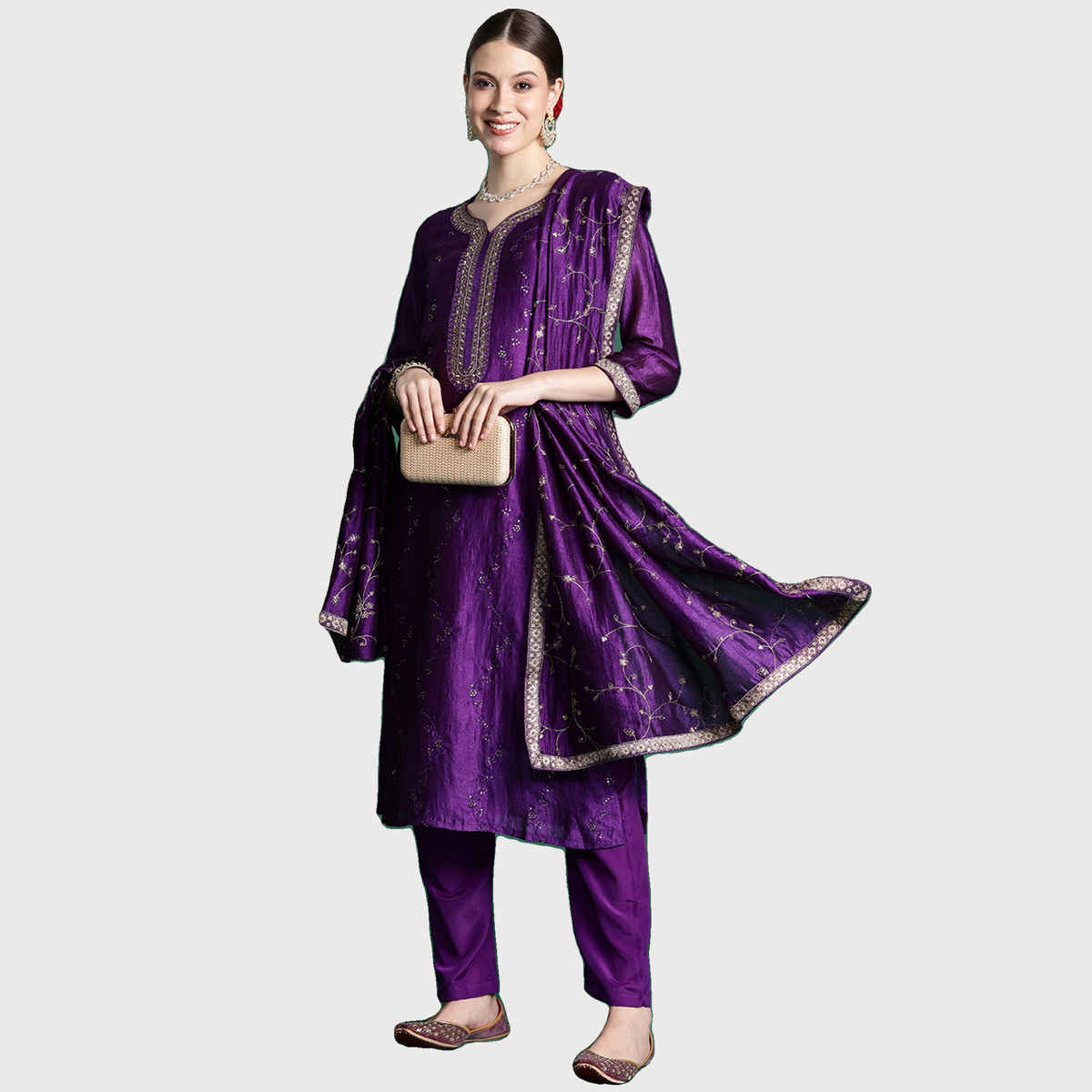Indo Era Women's Silk Blend Floral Straight Kurta Set with Dupatta | KH9PR6220 | Purple - S