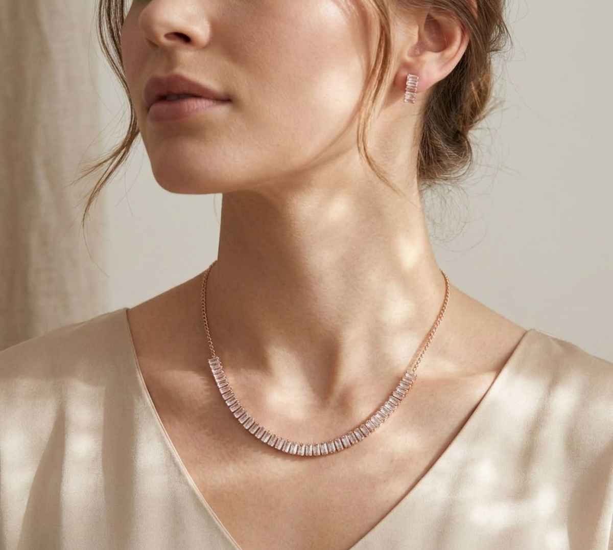 The Opal Factory Baguette Diamante Necklace Set with Roses | Rose Gold | Rakhi Gifts