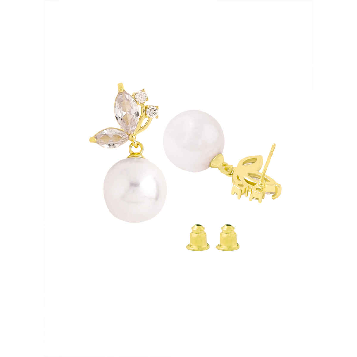 Yellow Chimes Butterfly Stud Earrings with White Pearl Drop for Women & Girls