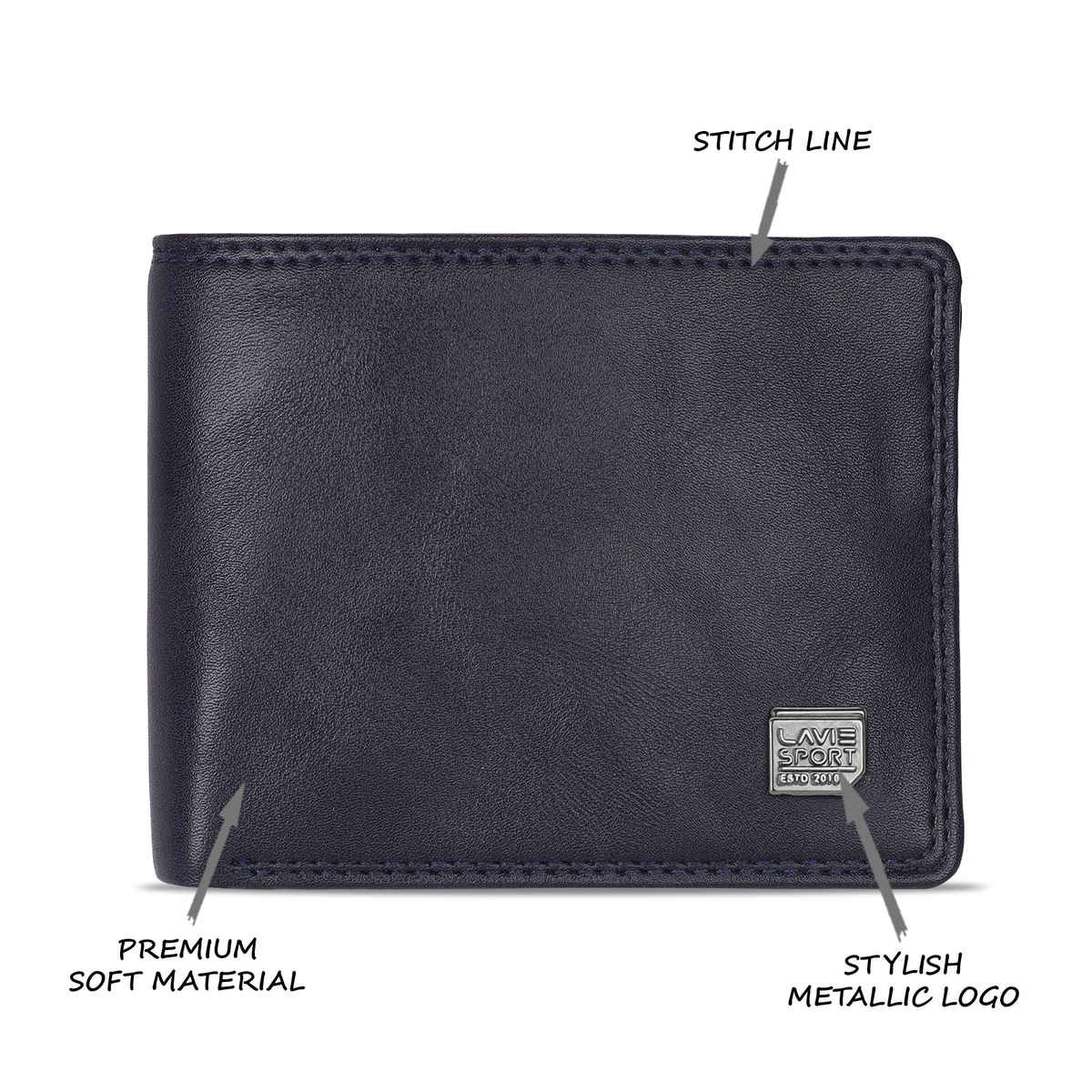 Lavie Sport Men's Solid Faux Leather Bi-Fold Wallet | Navy | (12 x 1.6 x 9 cm)
