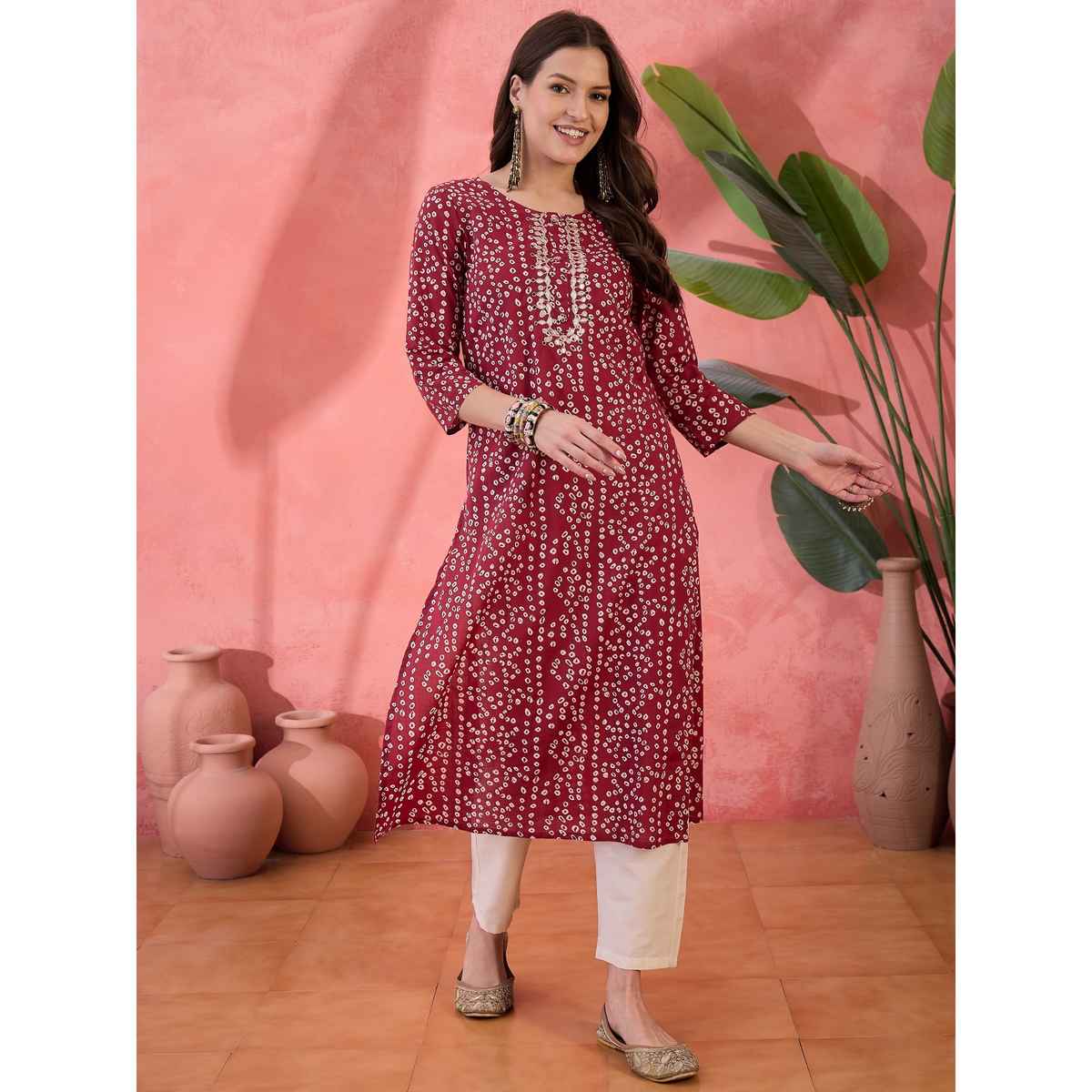 Rangdeep Women s Bandhani Printed Gotta Patti Cotton Straight Kurta | Red | M