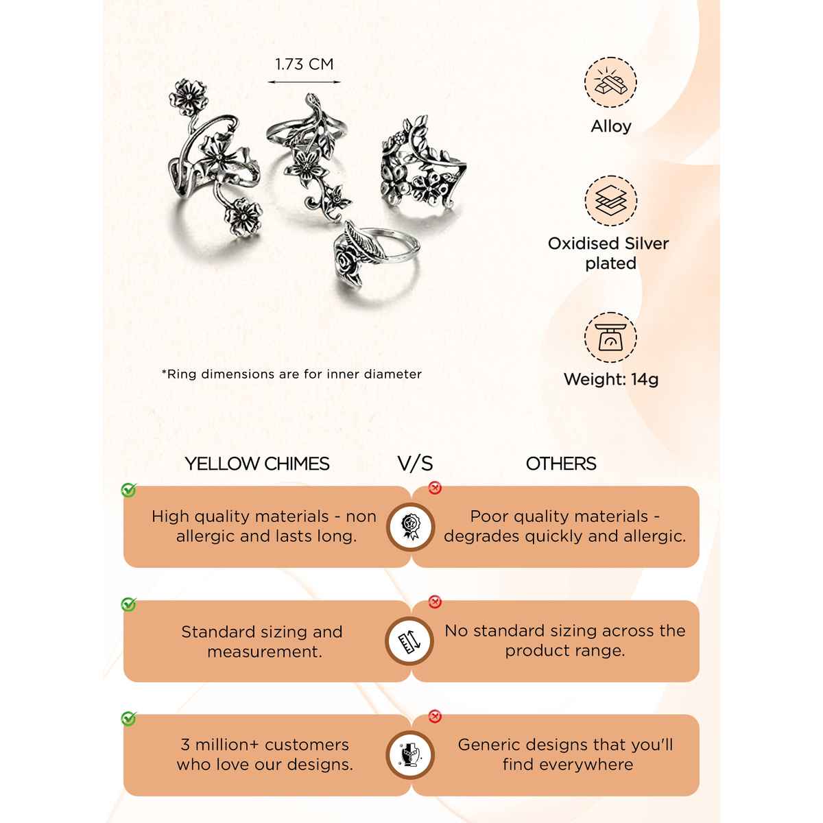 Yellow Chimes 4 Pcs Oxidised Ring Set for Women, Boho Vintage Floral Rings