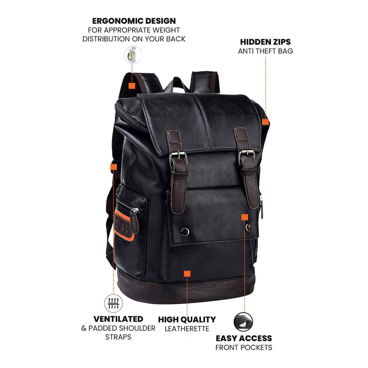 Fur Jaden 20 L Black Vegan Leather Stylish Laptop Backpack | Dedicated Laptop Compartment