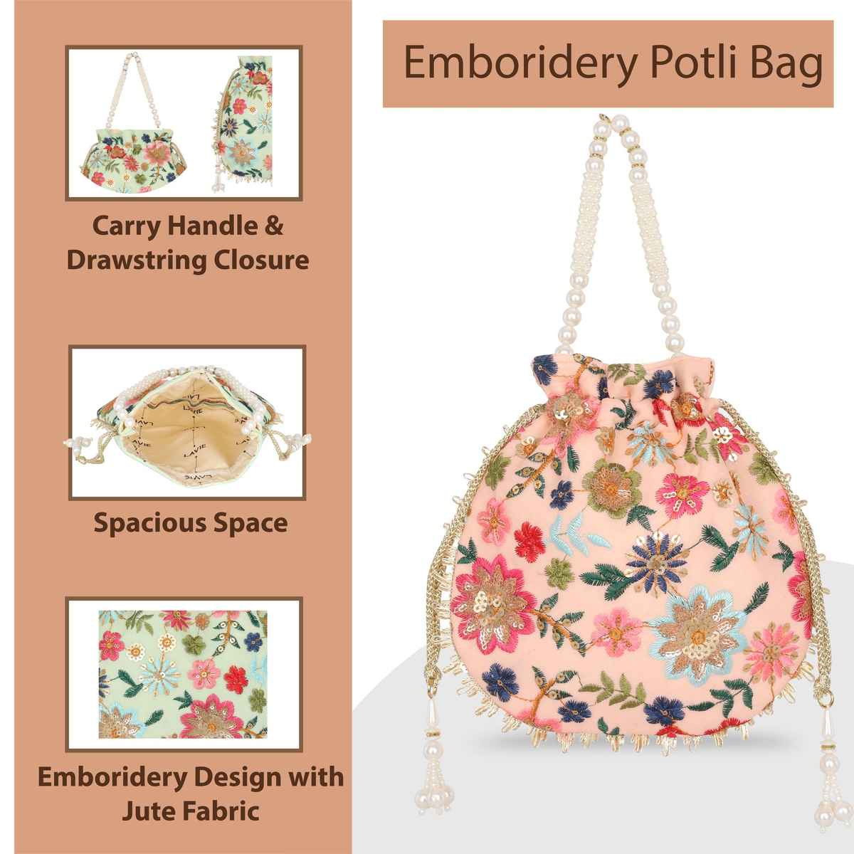 Lavie Women's Jiya Floral Embroidered Potli | Small | Light Pink