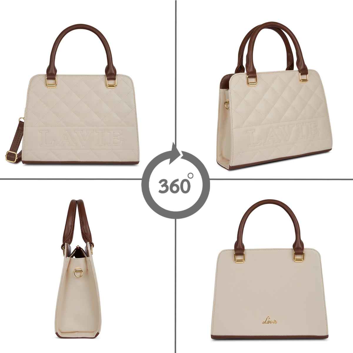 Lavie Womens Quilt Joanna Small Satchel Handbag Off White (1pc) & Pissara By Sukkhi 925 Sterling Silver Cubic Zirconia Finger Ring For Women (1pc) Combo