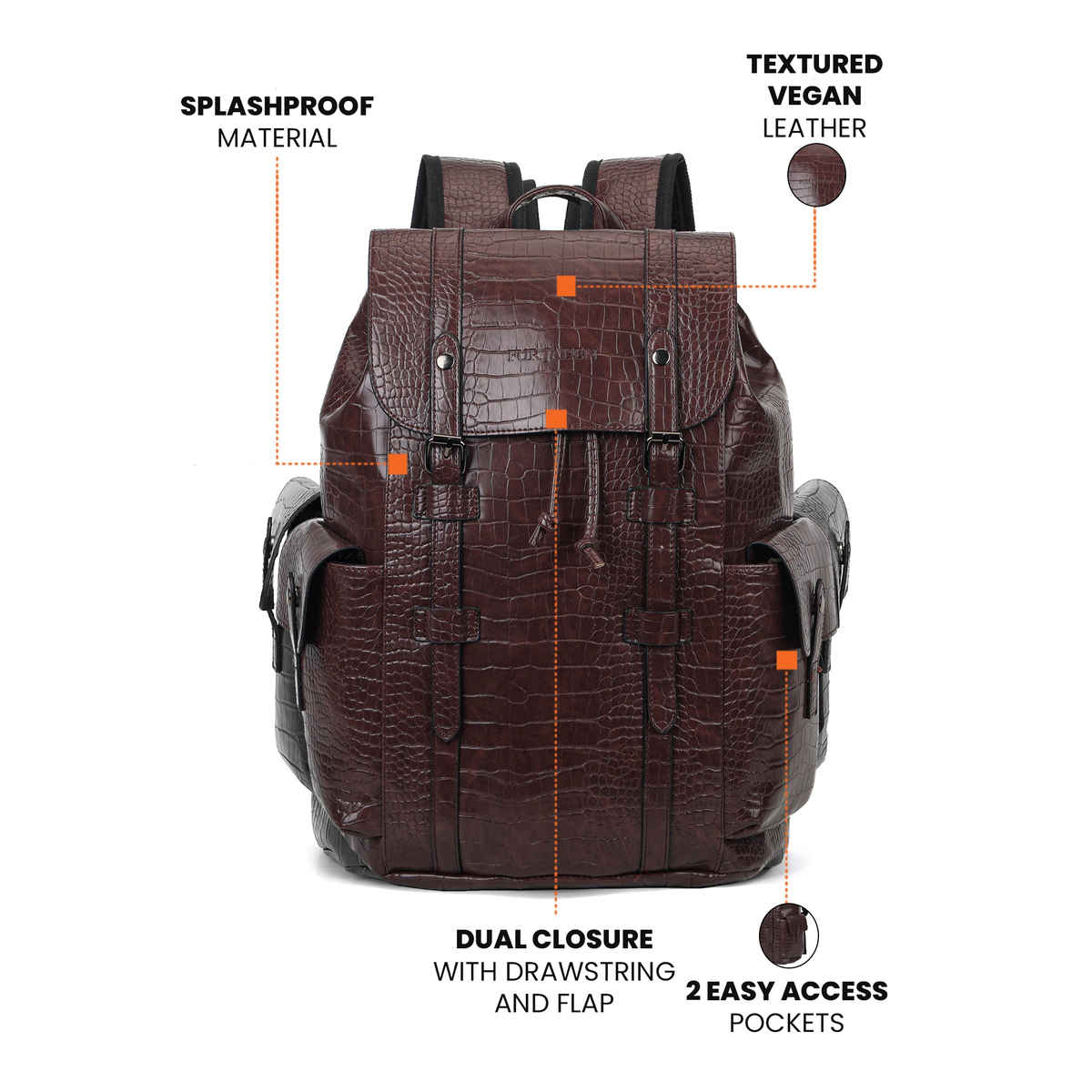 Fur Jaden Unisex Textured Vegan Leather 20 L Laptop Backpack | Brown - 15.6 Inches