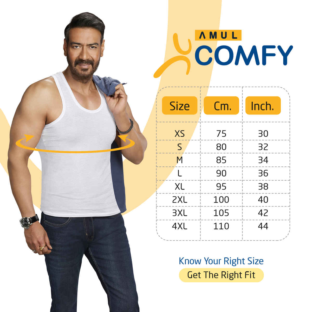 Amul Comfy Men's Cotton Sleeveless Vest | White - 80 cm