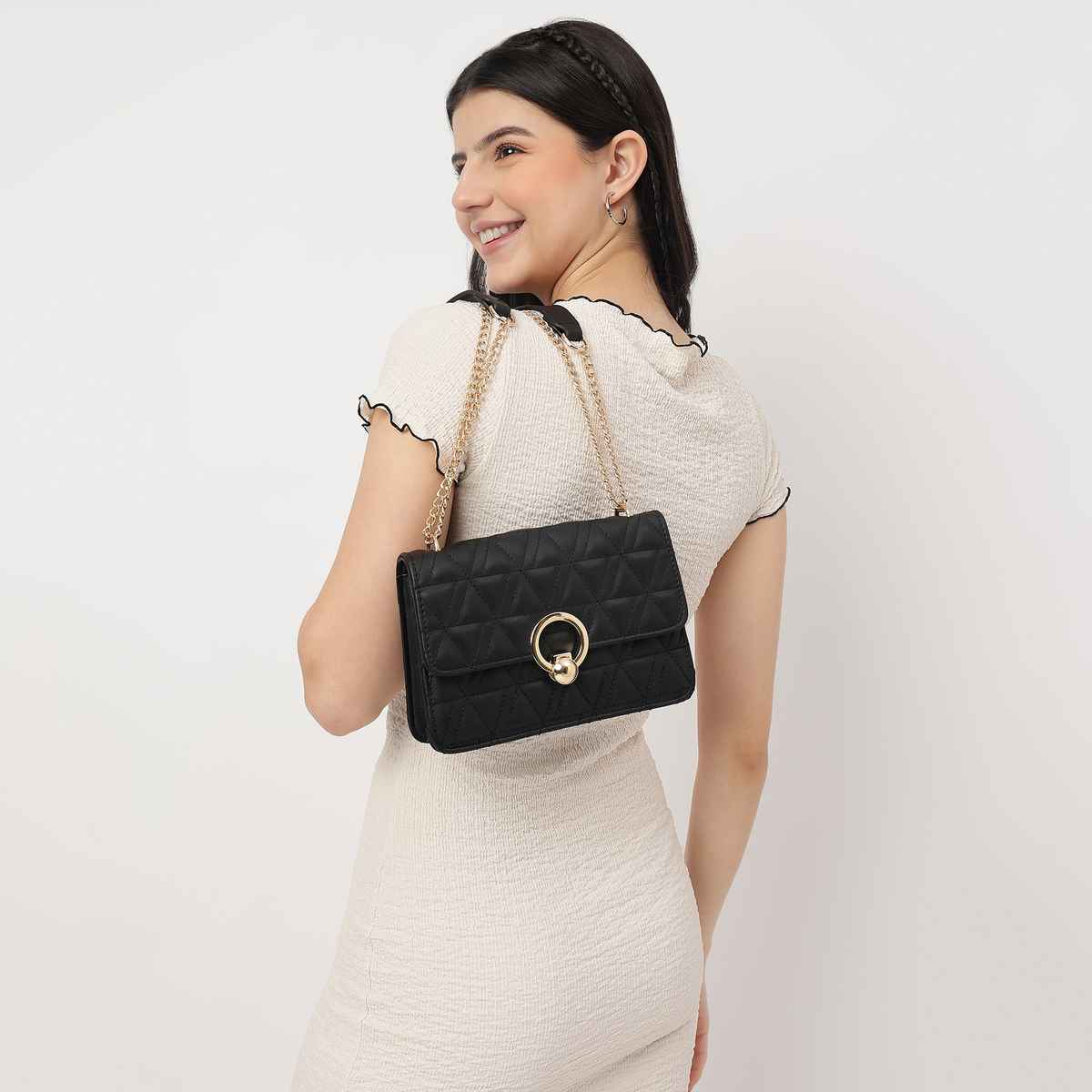 Fastrack Quilted Structured Sling Bag for Women | Black