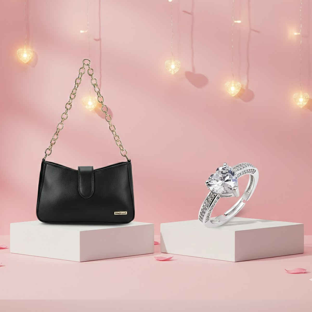 Fastrack Chain Strap Shoulder Bag For Women  (1pc) & Sukkhi Stylish Rhodium Plated Cz Solitaire Heart Shaped Love Proposal Ring For Women  (1pc) Combo