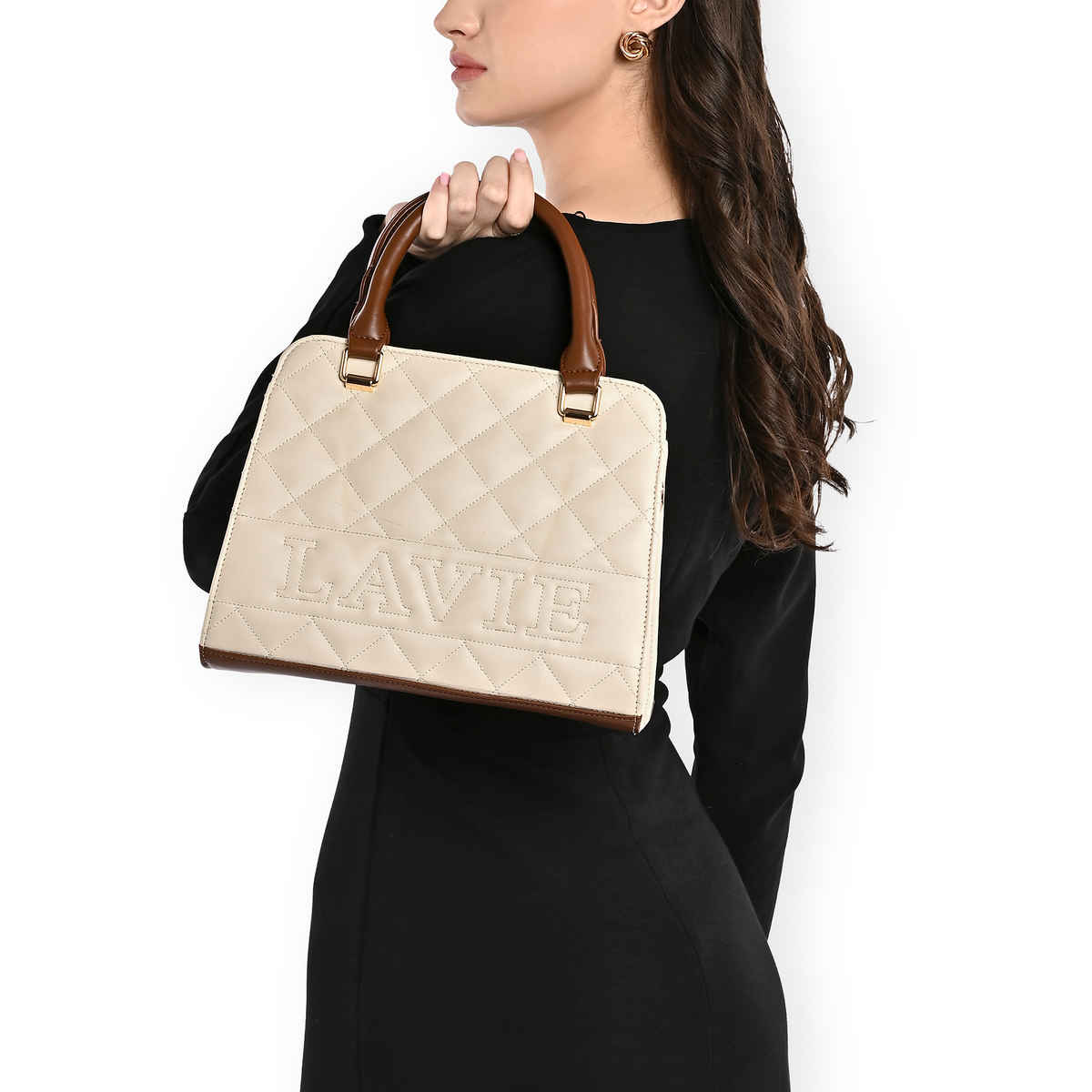 Lavie Womens Quilt Joanna Small Satchel Handbag Off White (1pc) & Pissara By Sukkhi 925 Sterling Silver Cubic Zirconia Finger Ring For Women (1pc) Combo