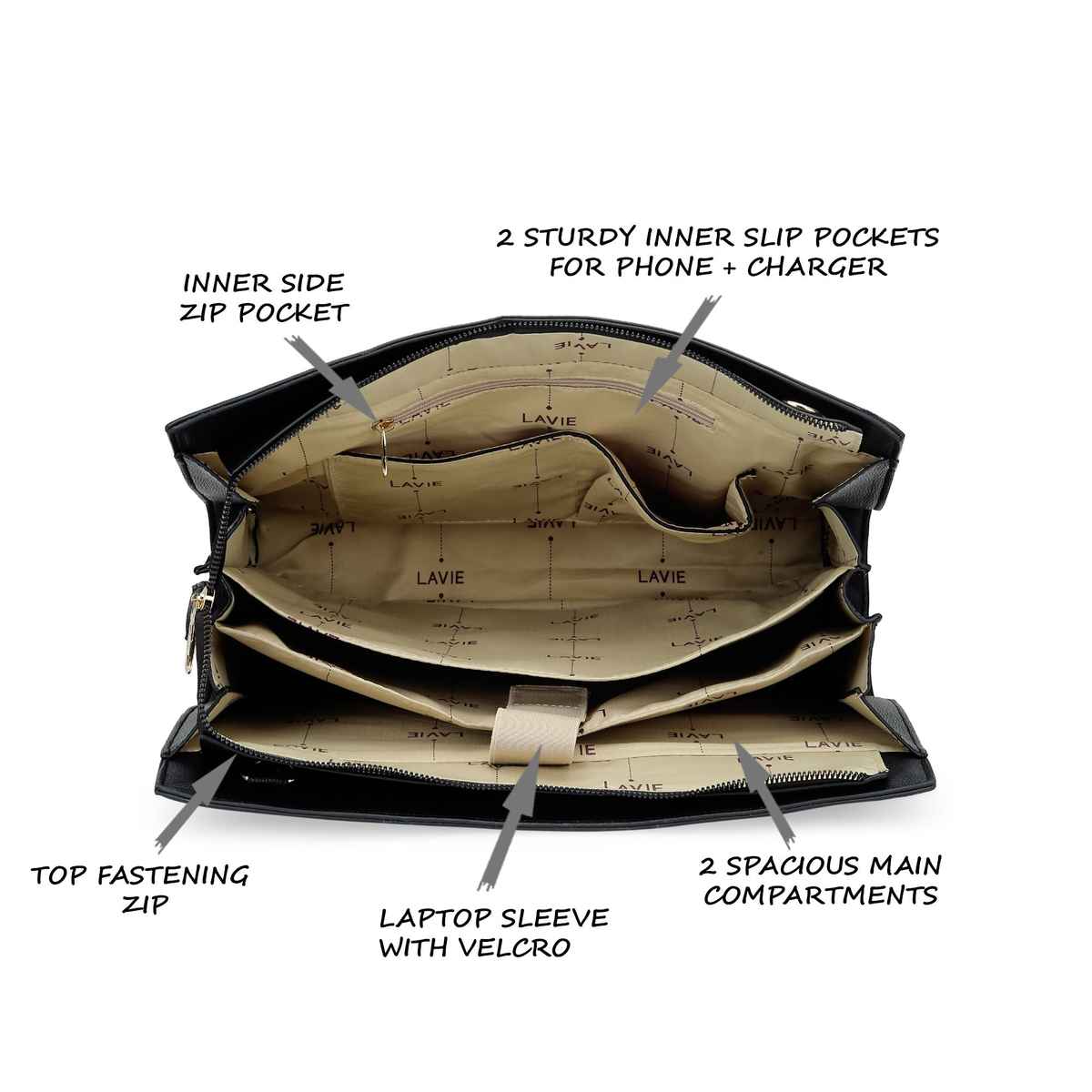 Lavie Women's Ellon Laptop Handbag For | Ladies Purse | Shoulder Bag | Large | Black