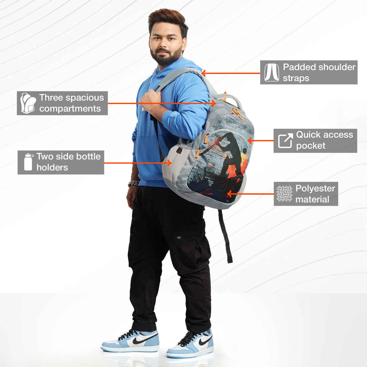 Nasher Miles Cricket Backpack- Unisex- 3 Compartment Casual College Bag- Grey- 45L