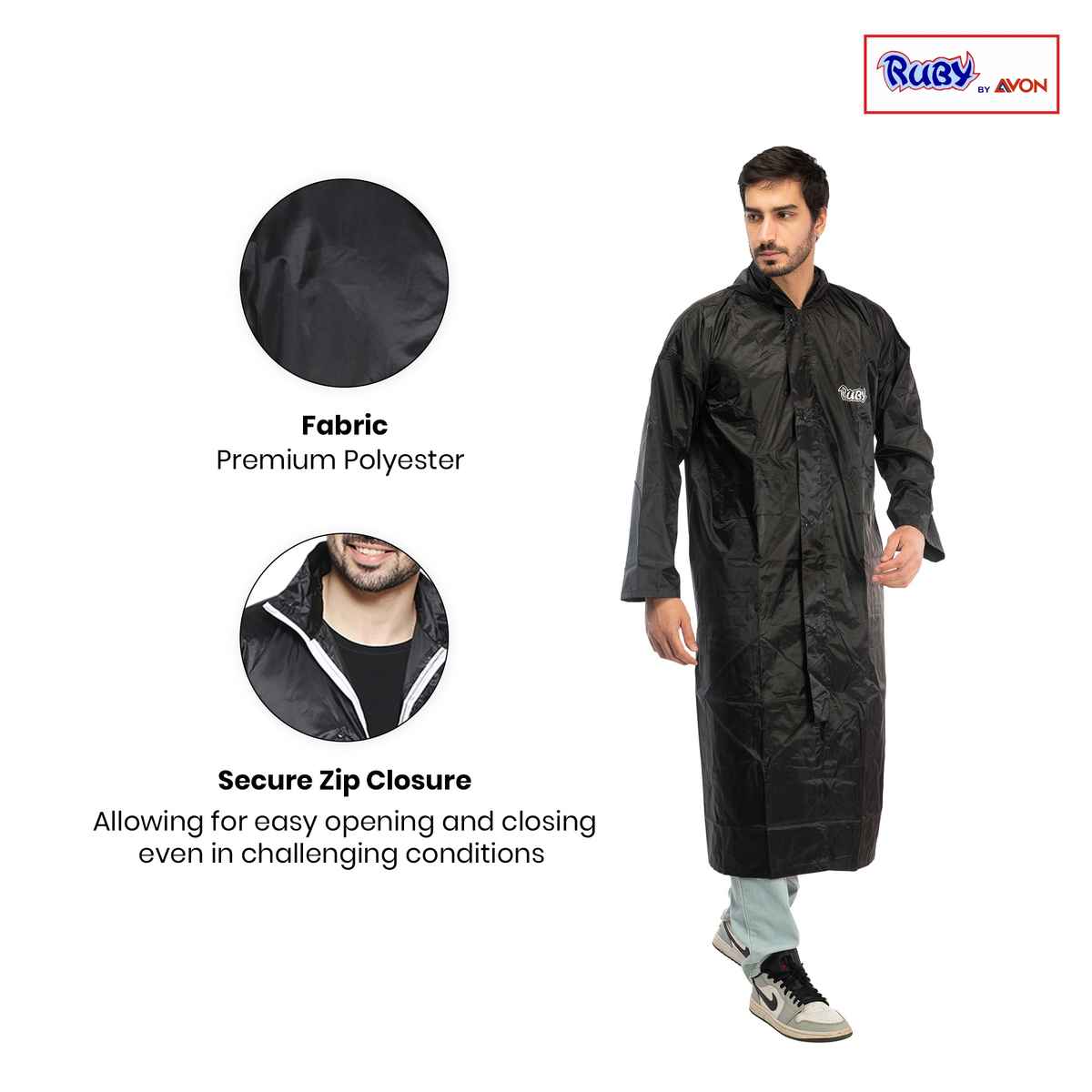 Fendo Ruby Cindrella Rain Coat for Men Long Overcoat Bike Rain Jacket | Black | XXL