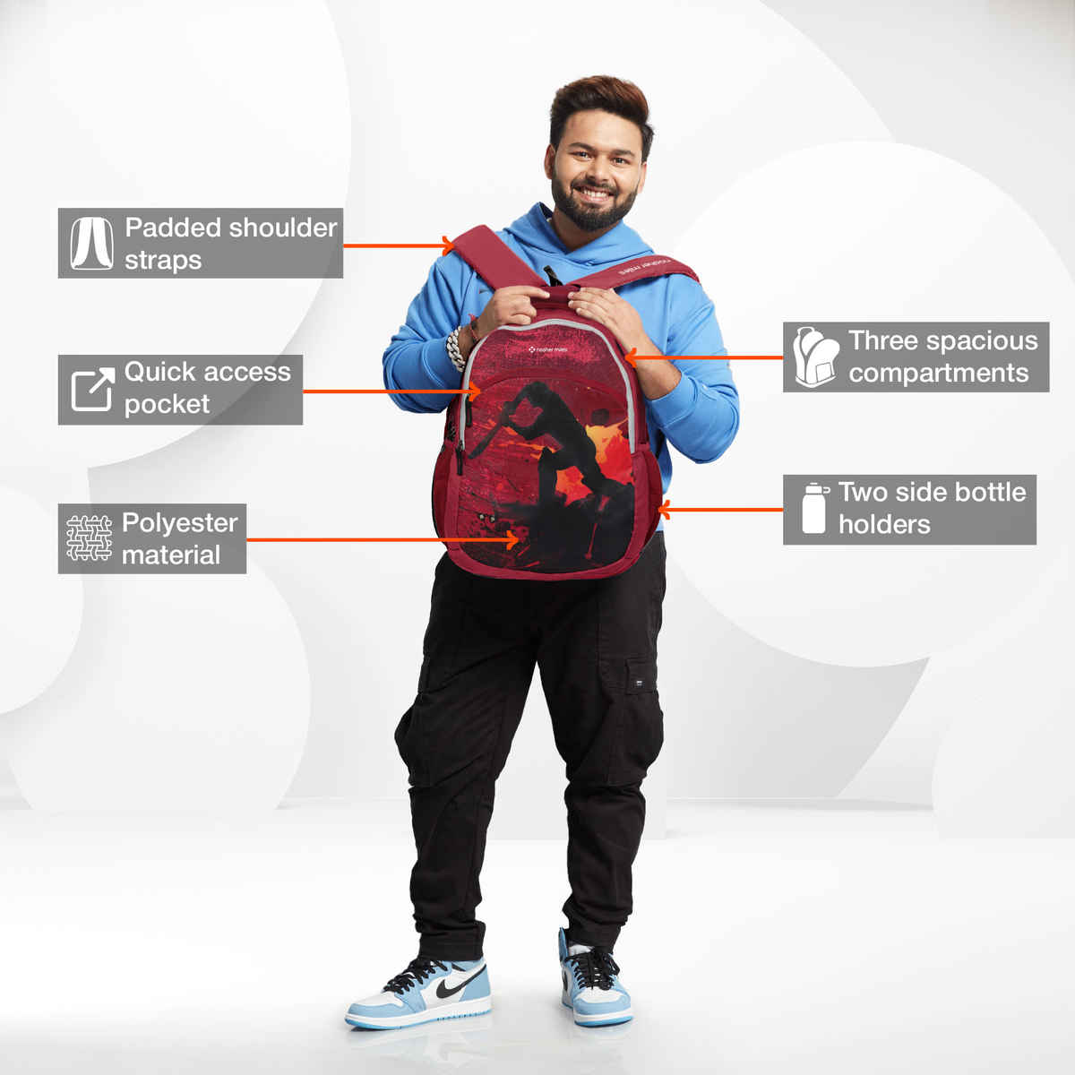 Nasher Miles Cricket Backpack- Unisex- 3 Compartment Casual College Bag- Red- 45L