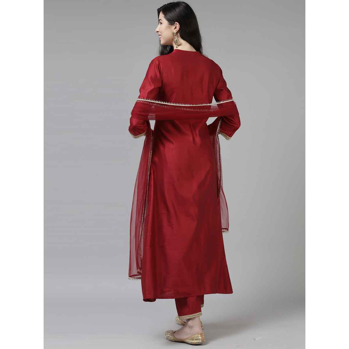 Indo Era Women's Liva Embroide Straight Kurta Pant with Dupatta Set | KD9RD3745 | Red - M