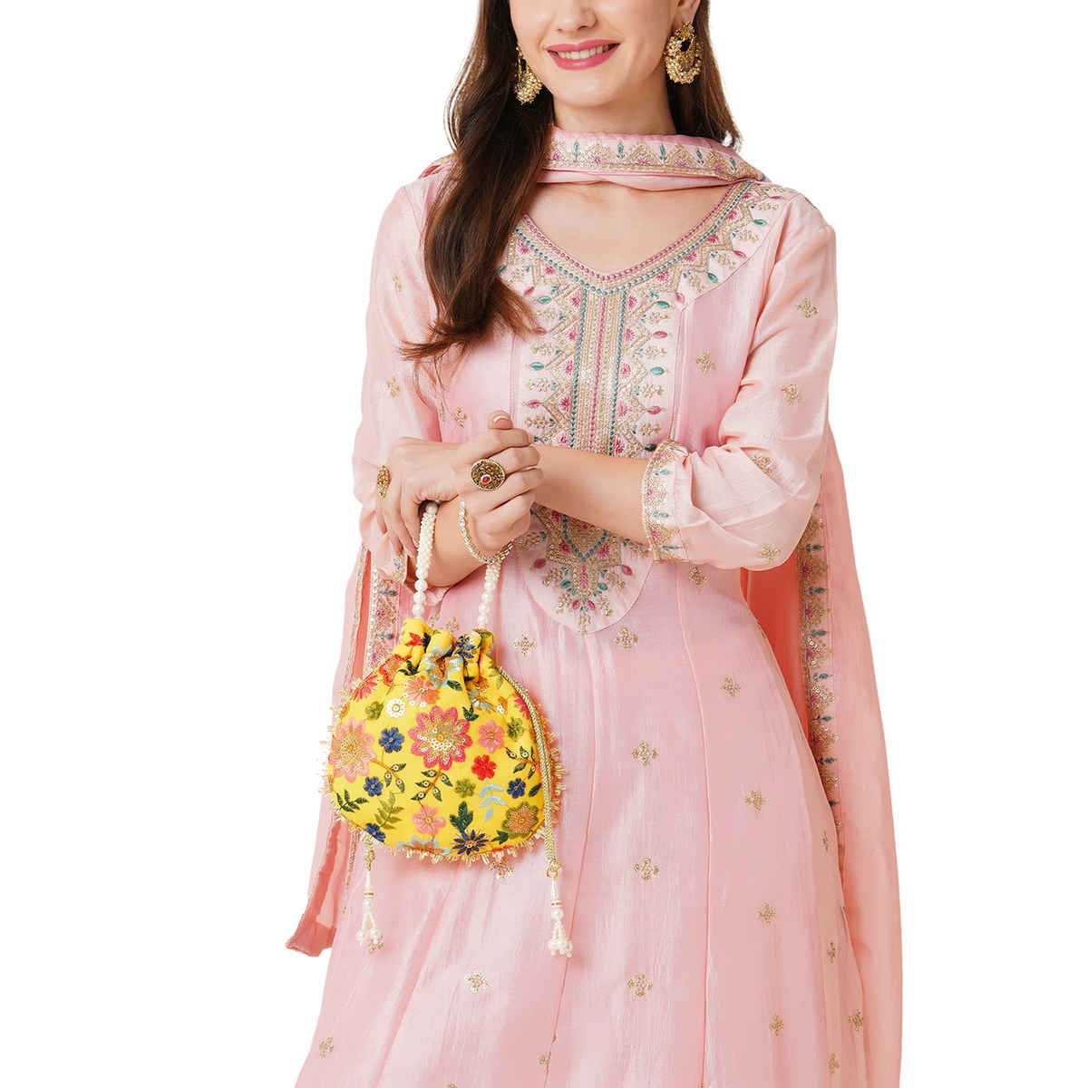 Lavie Women's Jiya Floral Embroidered Potli | Small | Ocher